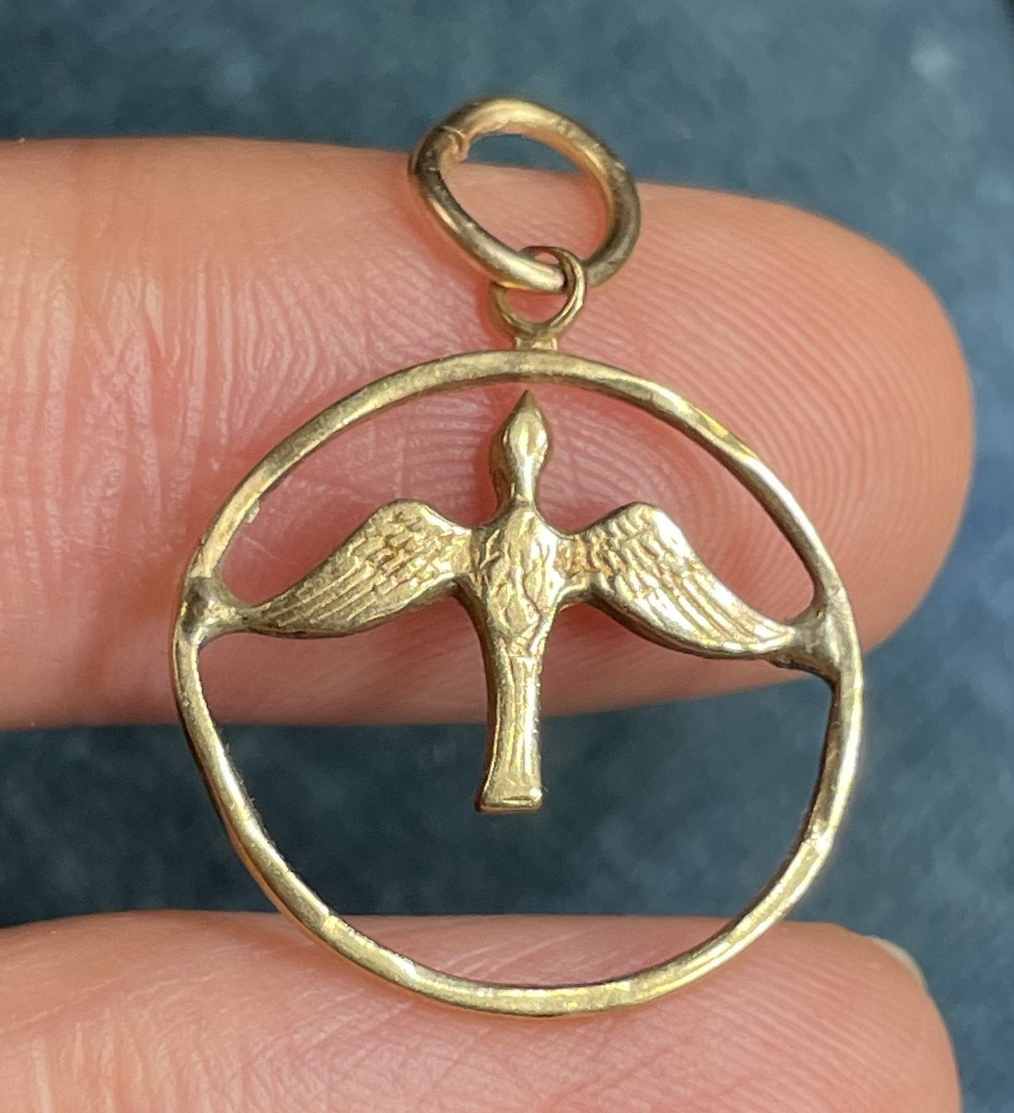 14k Yellow Gold DOVE Bird in Circle Pendant. Peace Holy Spirit.