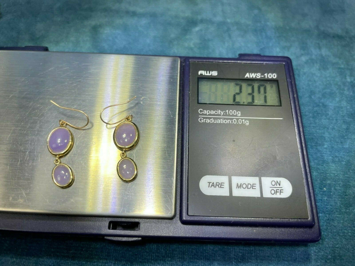 14k Yellow Gold Double Lavender Purple Jade Dangly Earrings