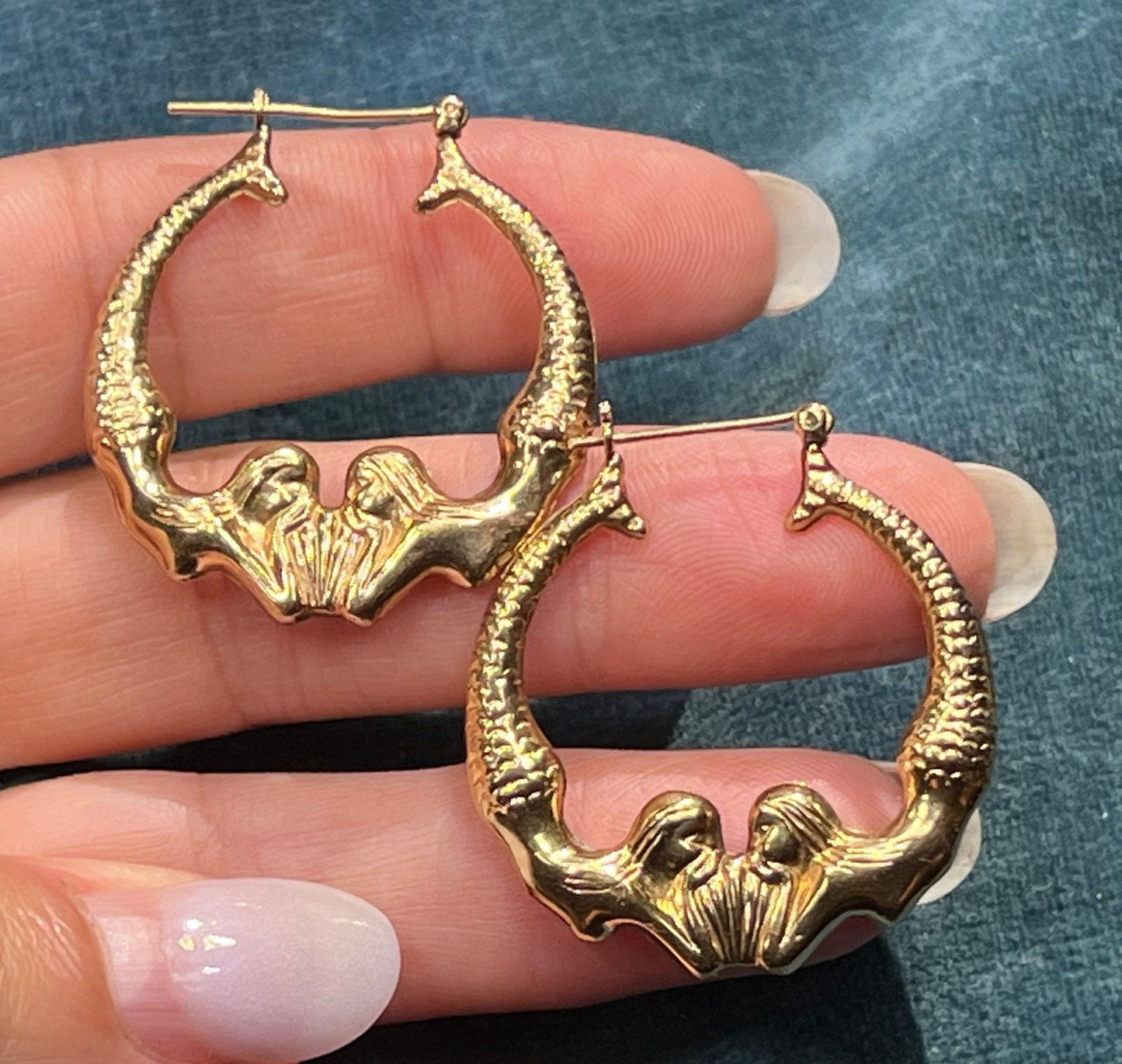 14k Yellow Gold Double MERMAID Hoop Art Deco Earrings. 1.3"