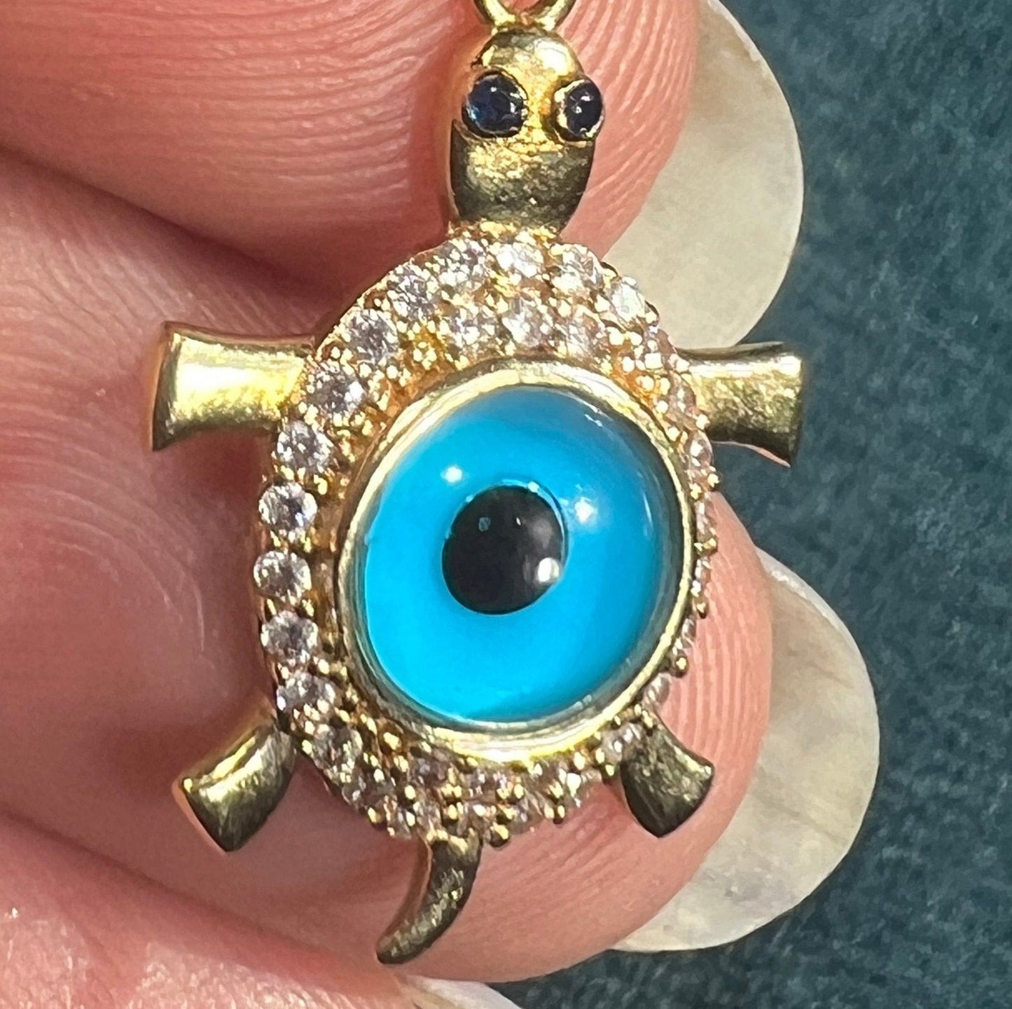 14k Yellow Gold Evil Eye Turtle Pendant w Blue Sapphires. Reversible!