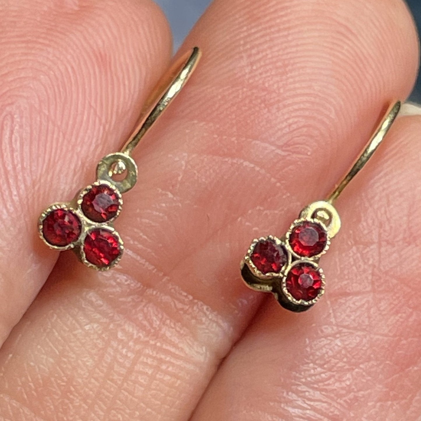 14k Yellow Gold Garnet Earrings. Dormeuse Leverbacks. TINY!