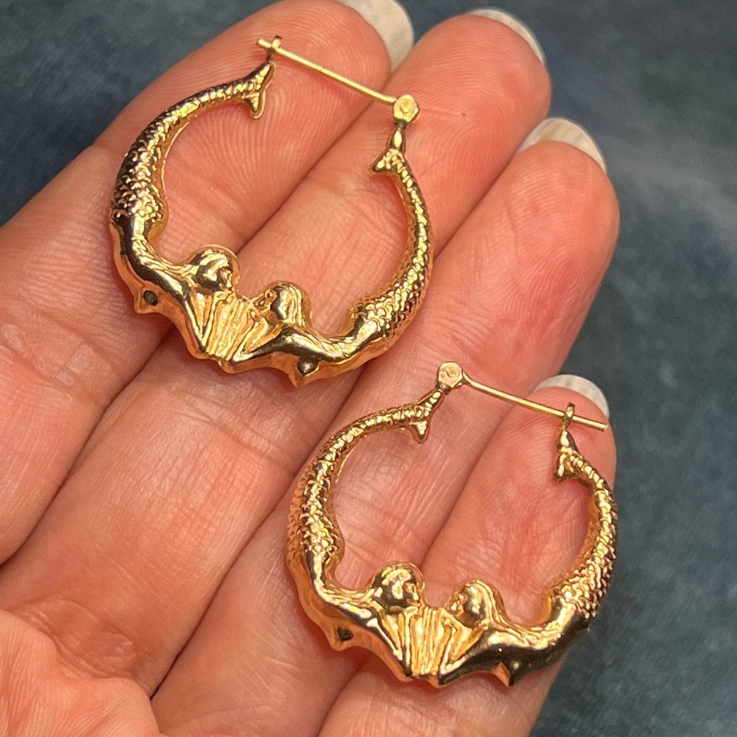 14k Yellow Gold MERMAID Sisters Hoop Art Deco Earrings. 1.2"