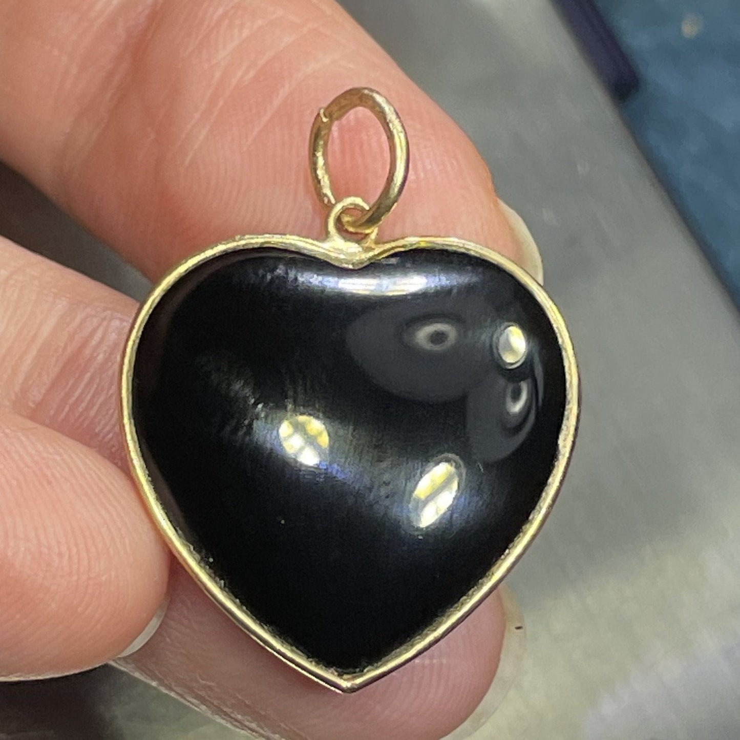 14k Yellow Gold Malachite & Onyx Heart Pendant. Reversible! Large 1"