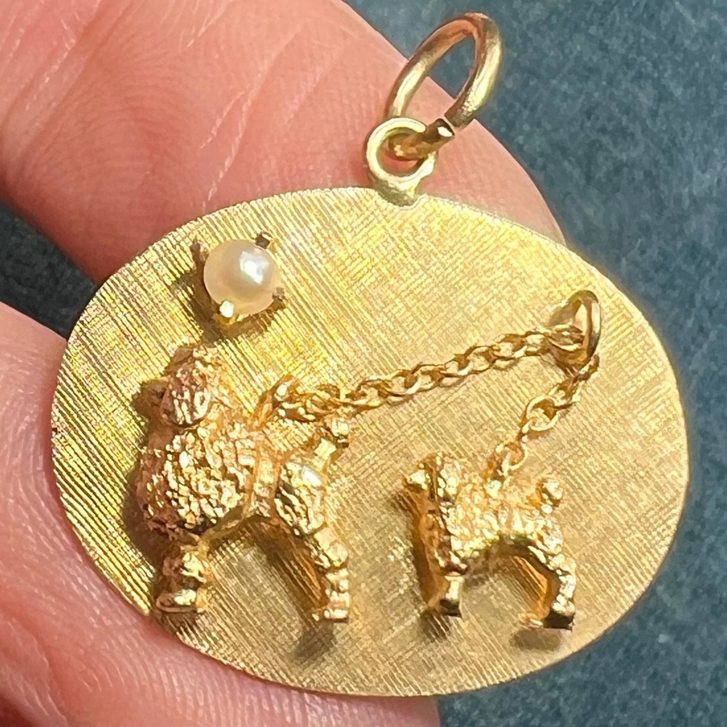 14k Yellow Gold Mama + Baby Poodle Dog Medallion Pendant *Video*