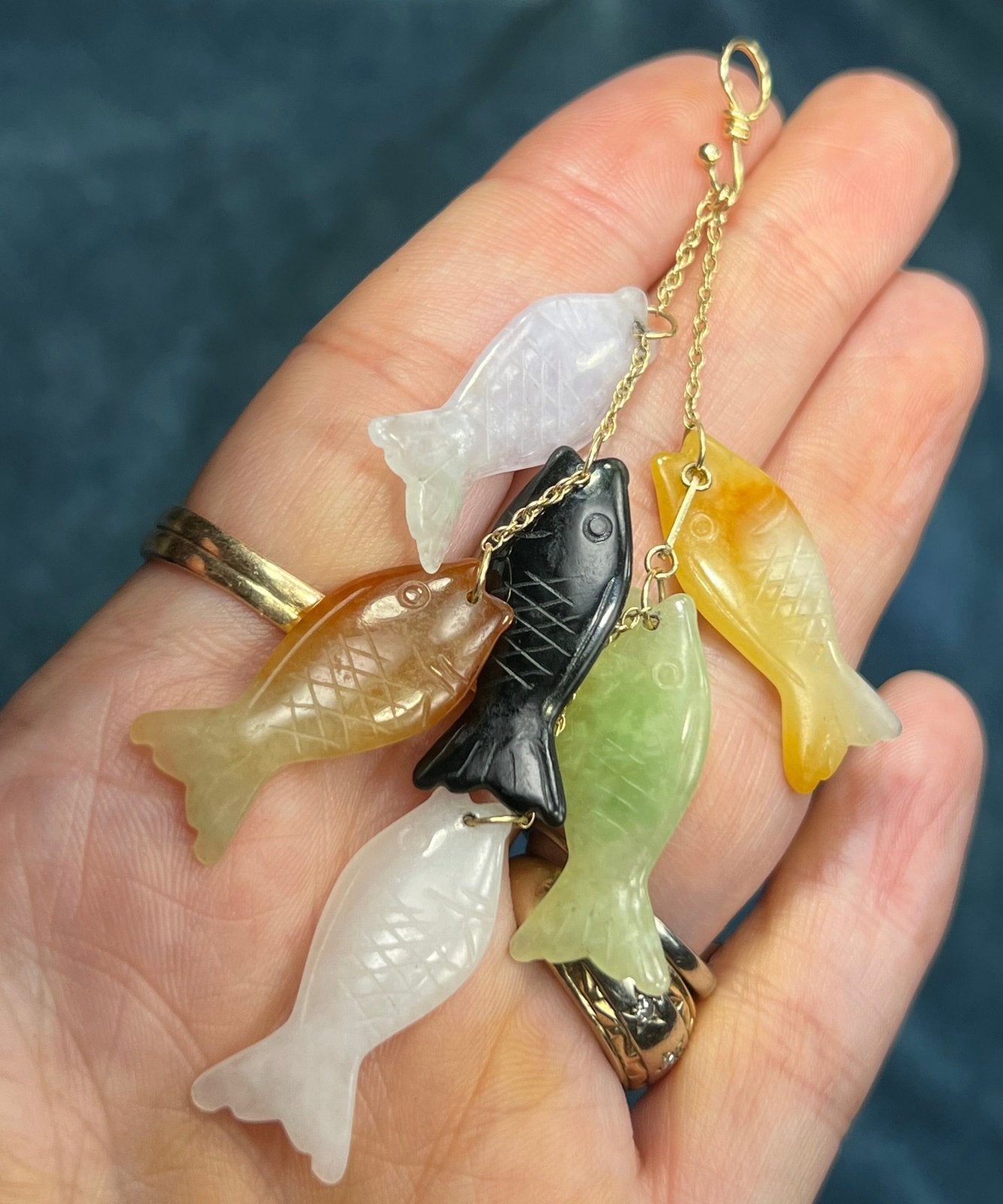 14k Yellow Gold Multi-Color Jade Carved Fish Pendant. 3.5"