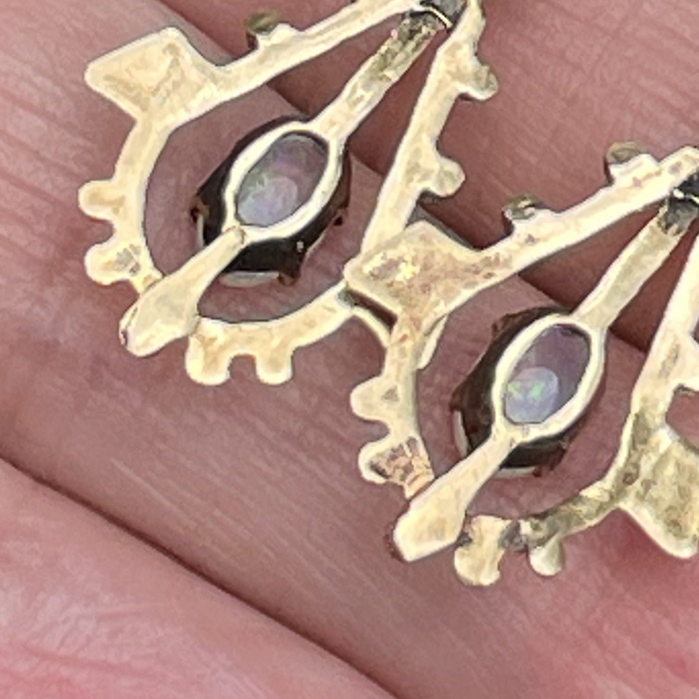 14k Yellow Gold *Natural* Australian Crystal Opal Art Deco Dangly Earrings