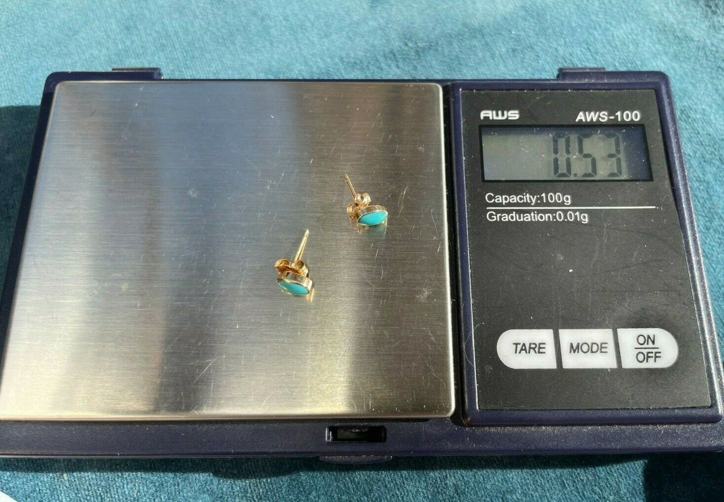 14k Yellow Gold Robins Egg Blue Turquoise Bezel-Set Earrings. Tiny!_b38_12_20