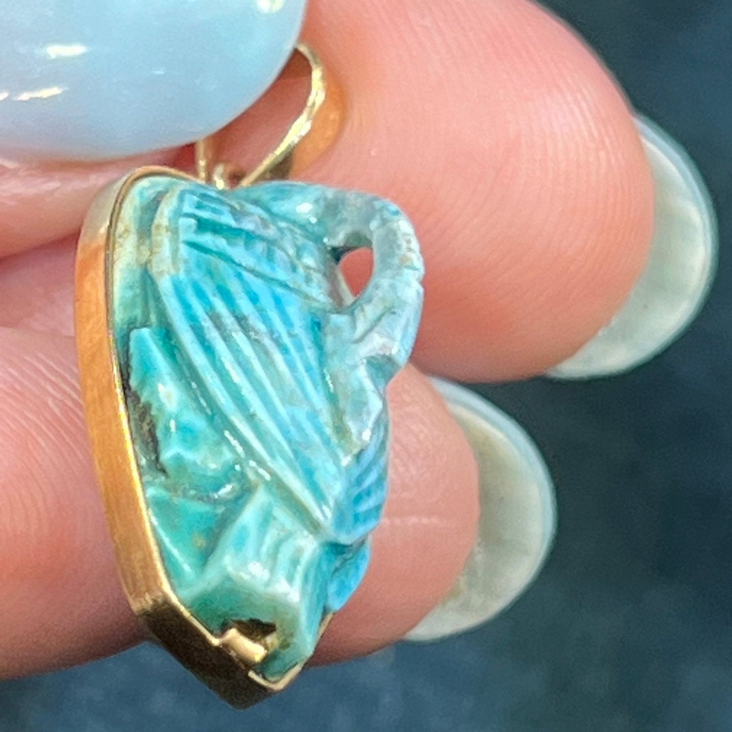 14k Yellow Gold Robins Egg Blue Turquoise Carved Swan Pendant. Hieroglyphs