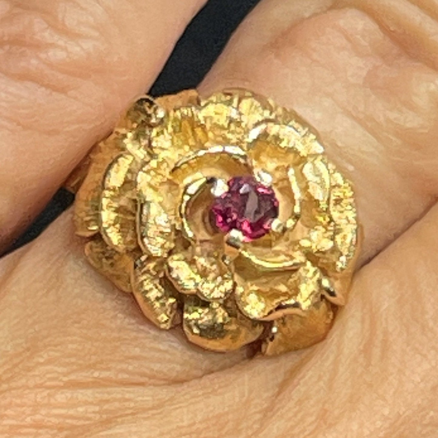 14k Yellow Gold Rose Blossom Flower Ring w Tourmaline