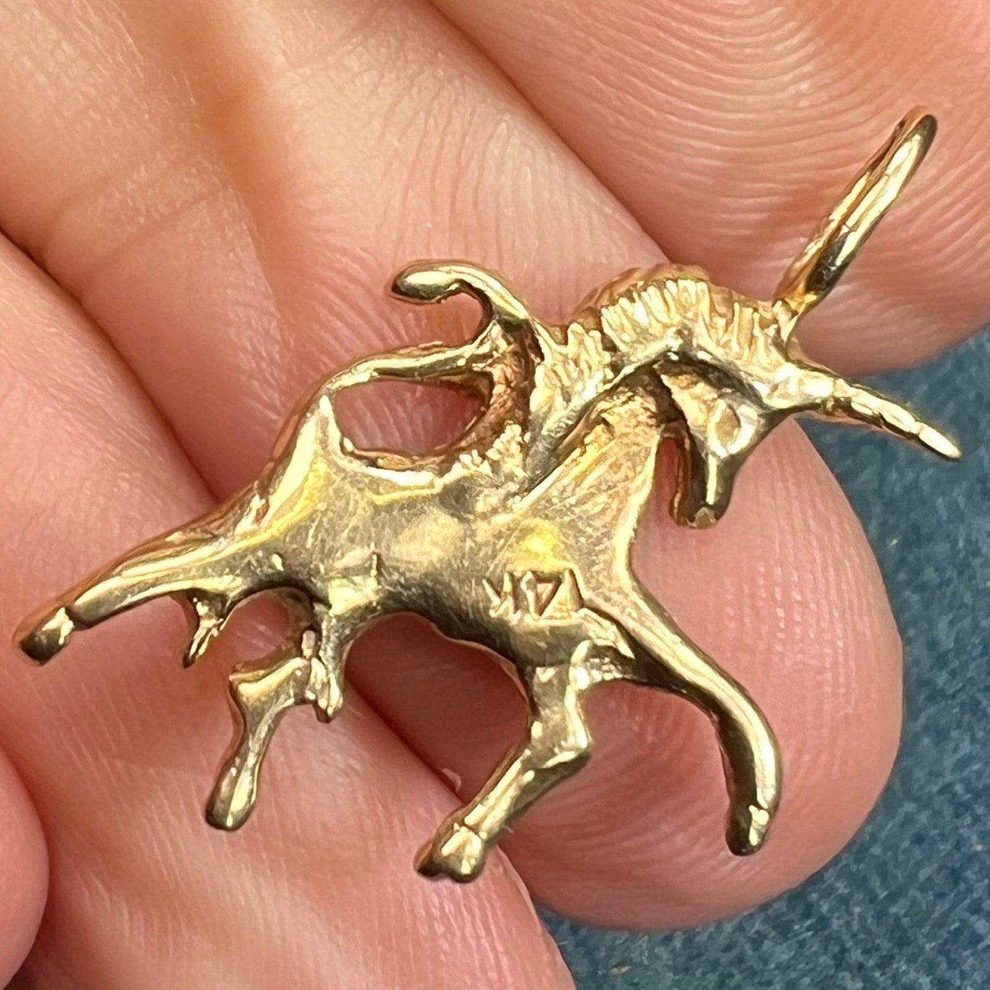 14k Yellow Gold Stylized Prancing Unicorn Pendant. 2-Sided