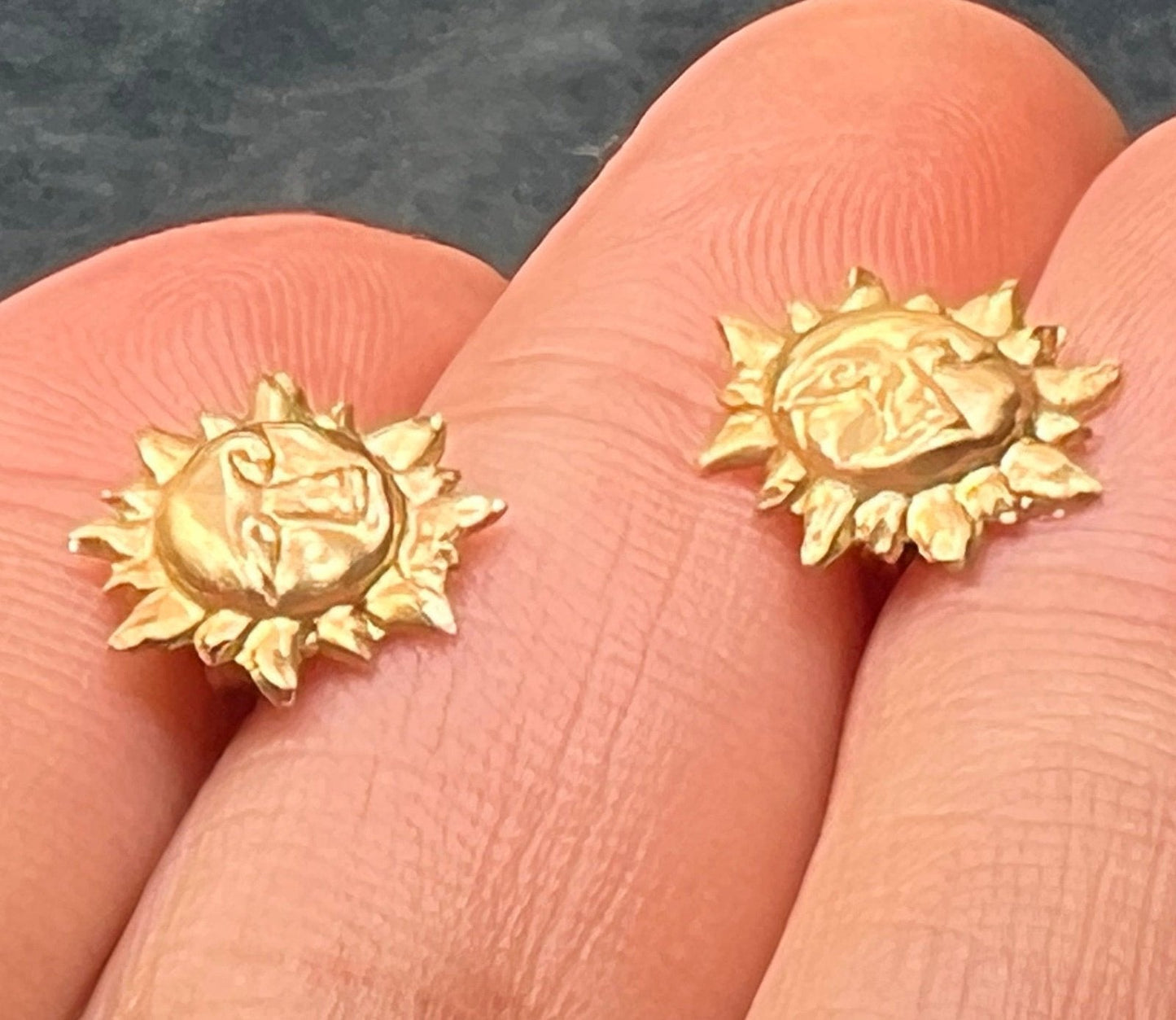 14k Yellow Gold Sun Face Sunburst Earrings. Tiny Studs!