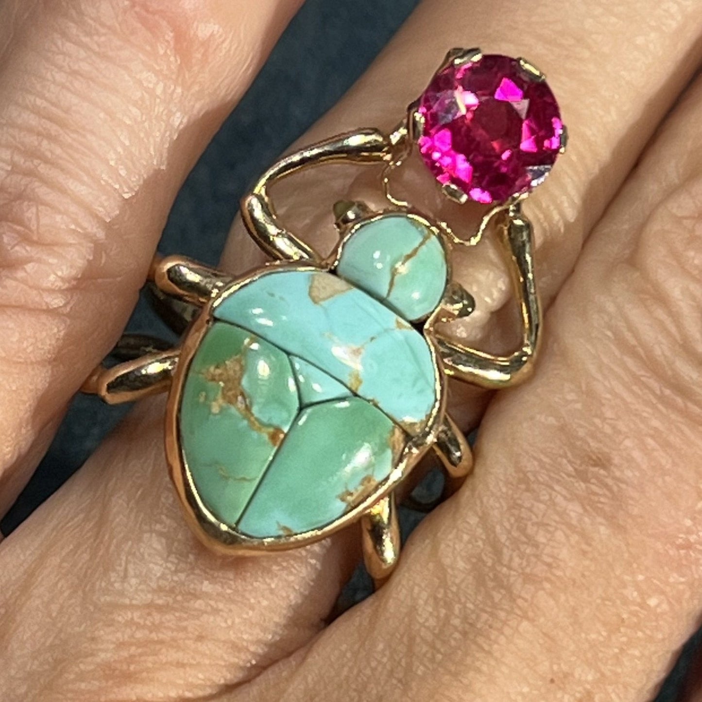 14k Yellow Gold Turquoise SCARAB Spider Ring. 1" 9g