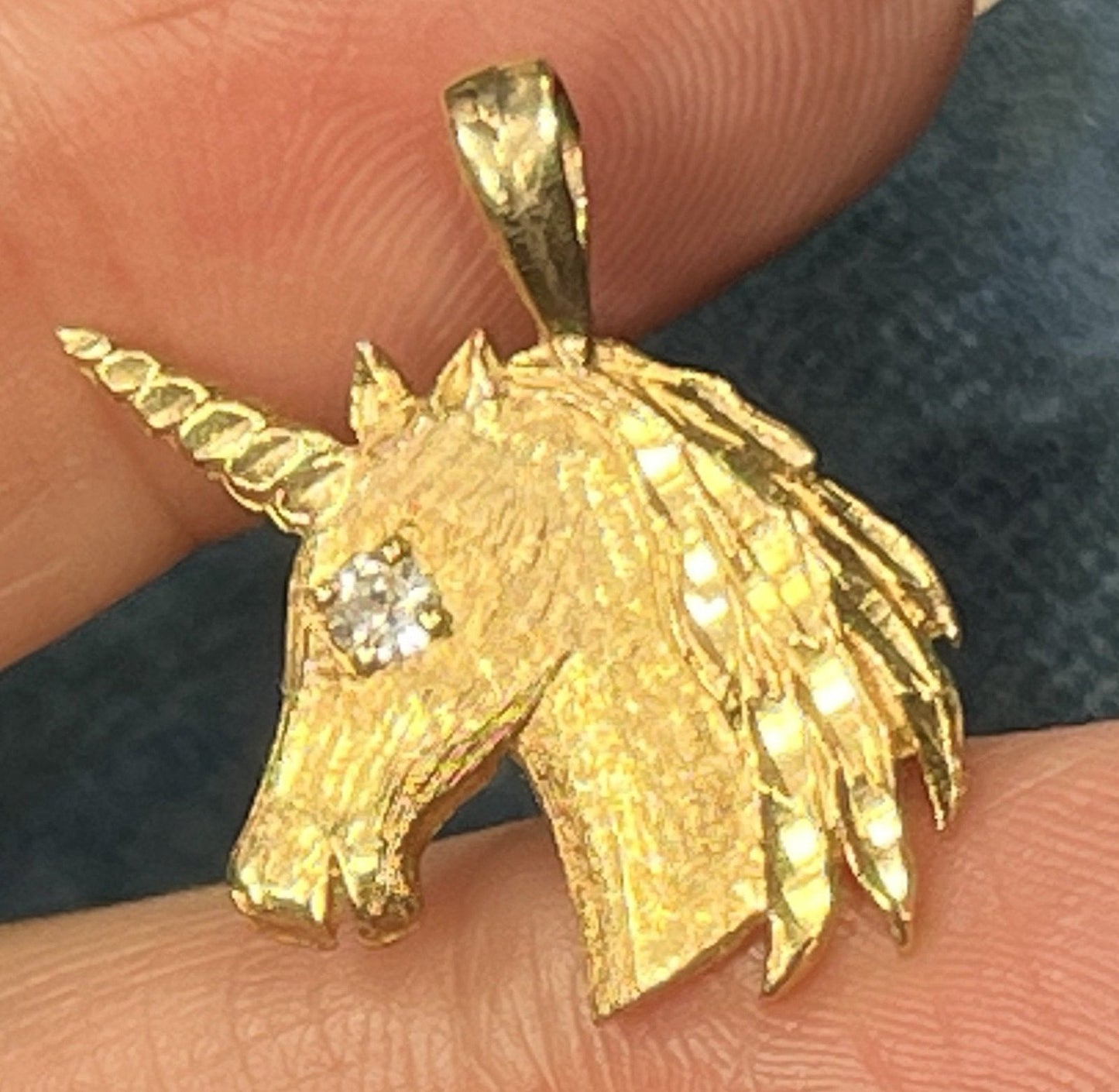 14k Yellow Gold Unicorn Head Pendant w 0.15 Ct Diamond Eye