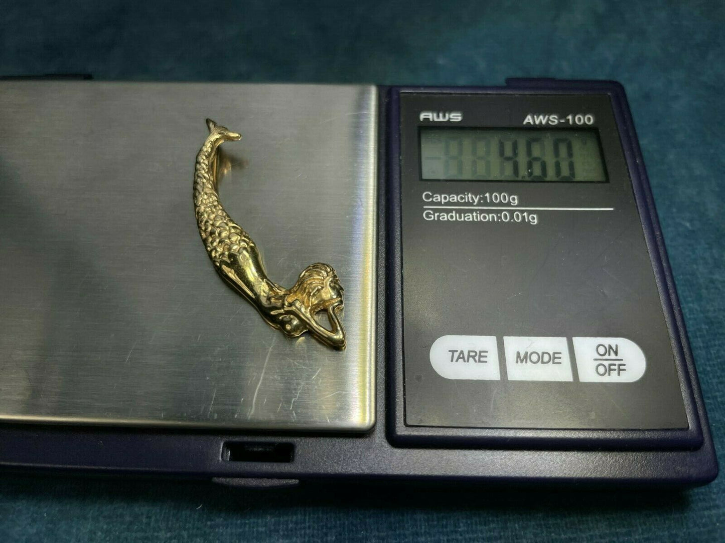 14k Yellow Gold Upside-Down Mermaid Pendant. Tall 1.5" _21_314