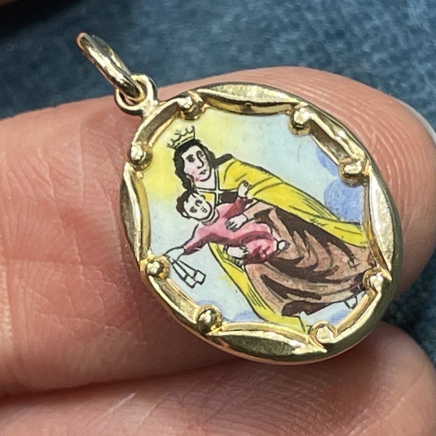 14k Yellow Gold "Virgen Del Carmen" Pendant. Hand-Painted Religious Medal