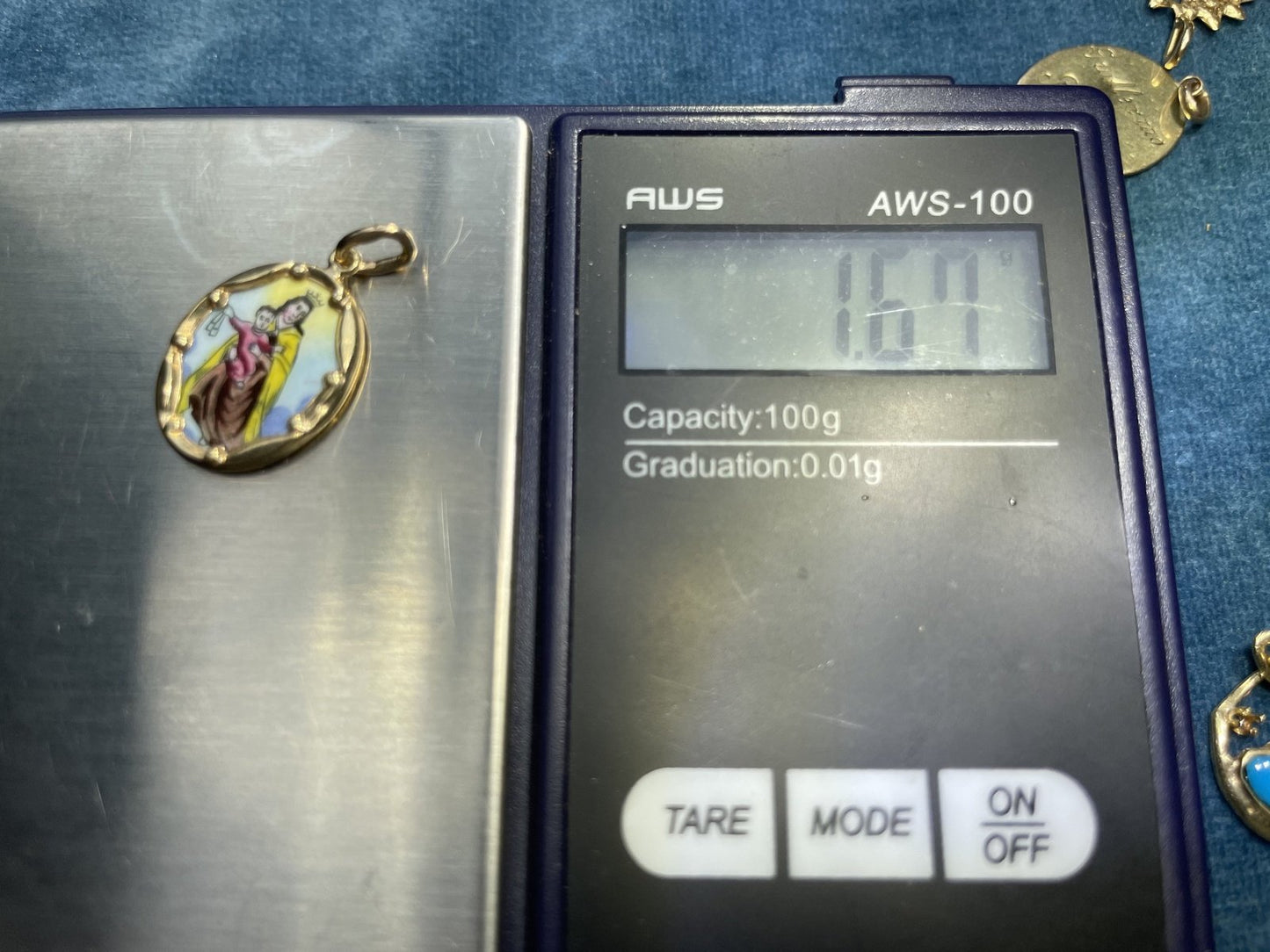 14k Yellow Gold "Virgen Del Carmen" Pendant. Hand-Painted Religious Medal