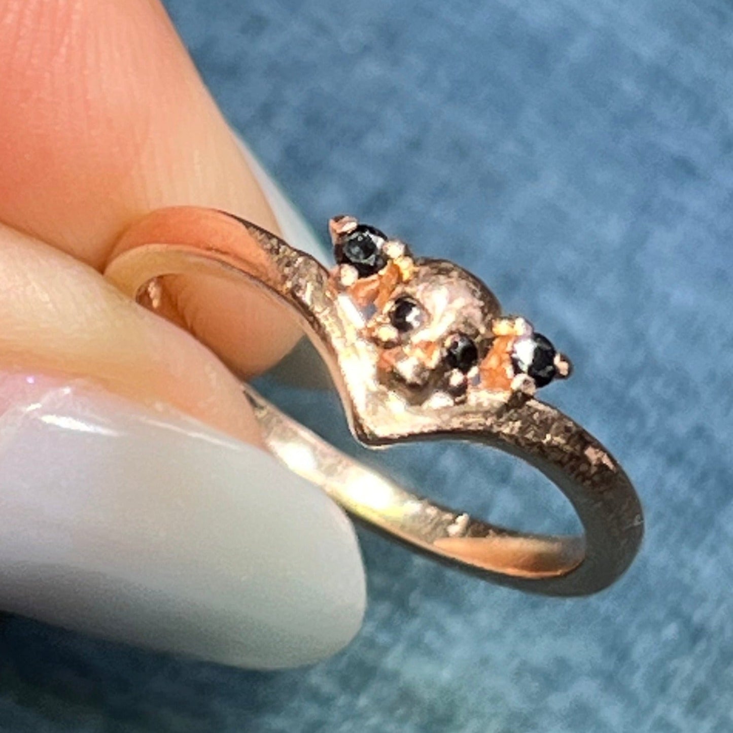 14k Yellow Rose Gold Skull Ring w Black Diamond Eyes. TINY