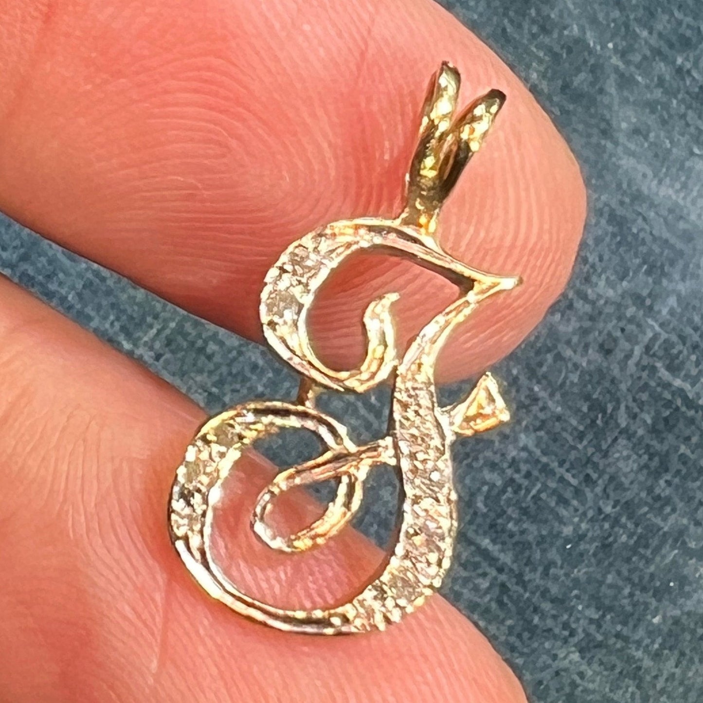 14k Yellow + White Gold Diamond Letter "J" Initial Pendant. Victorian Script