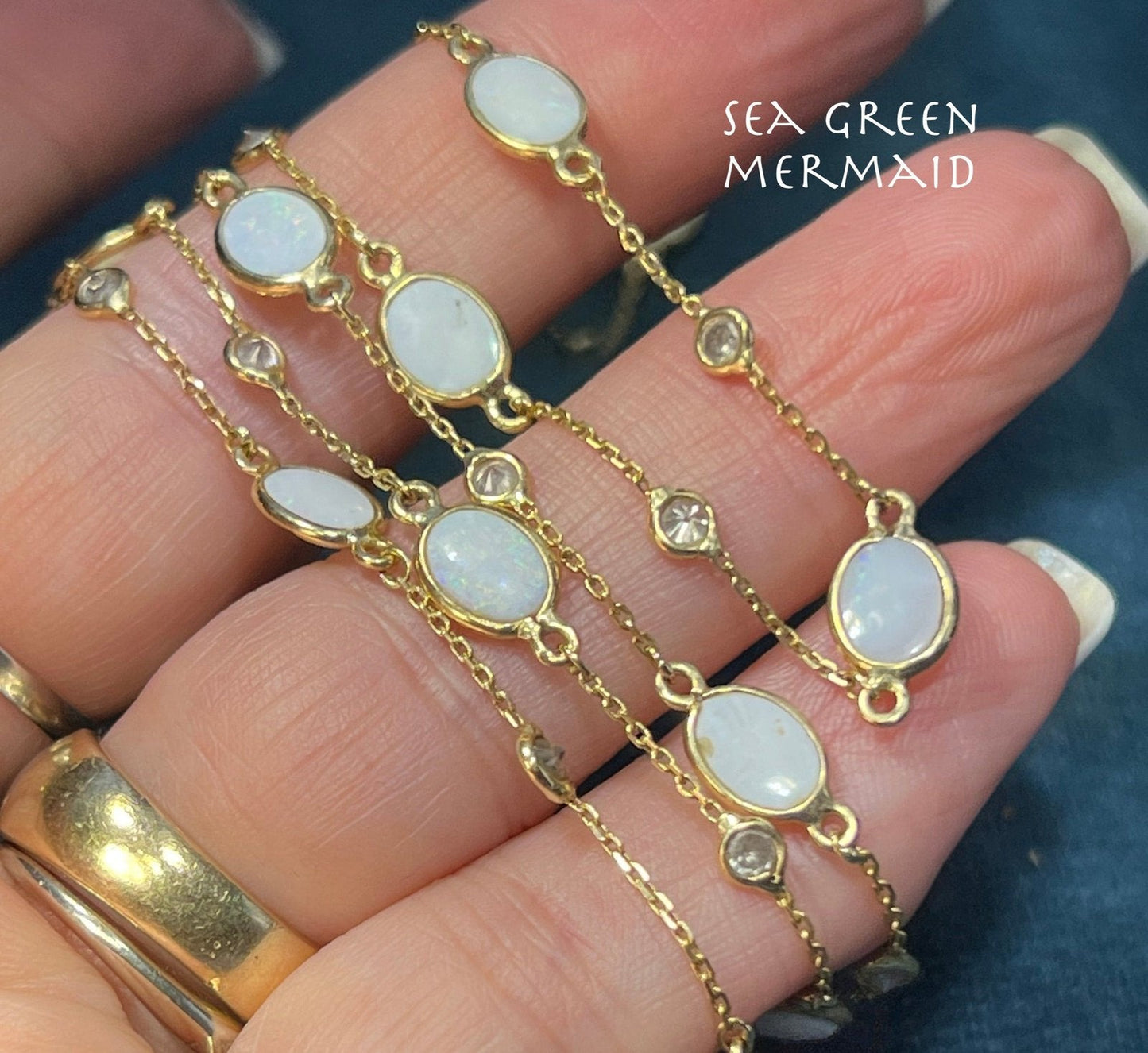 14k Gold 10 Opal + 1 TCW Diamond "By the Yard" Chain Necklace