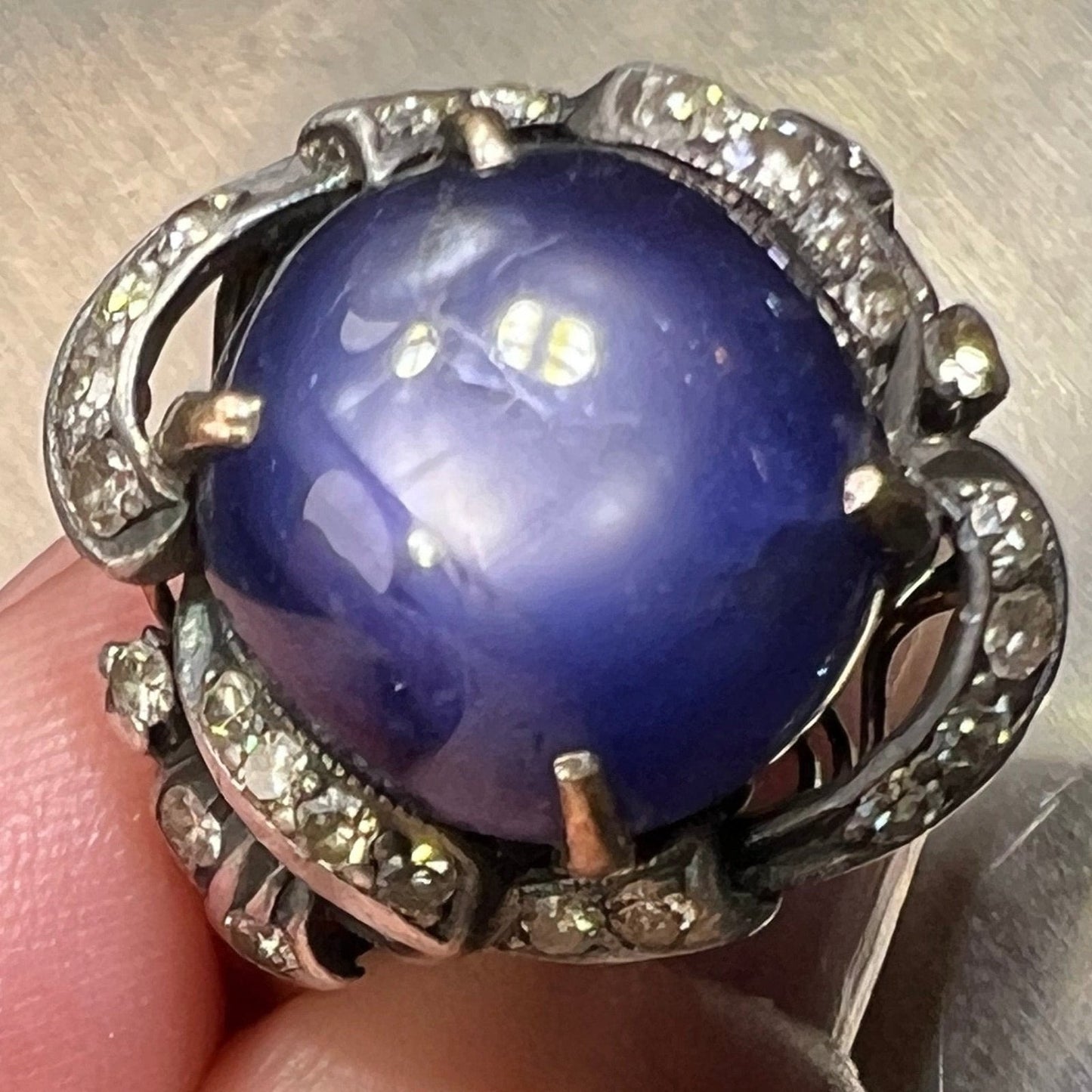 14k Gold 12 Ct Blue Star Sapphire Ring w 0.58 TCW Diamond Silver Top *Video*