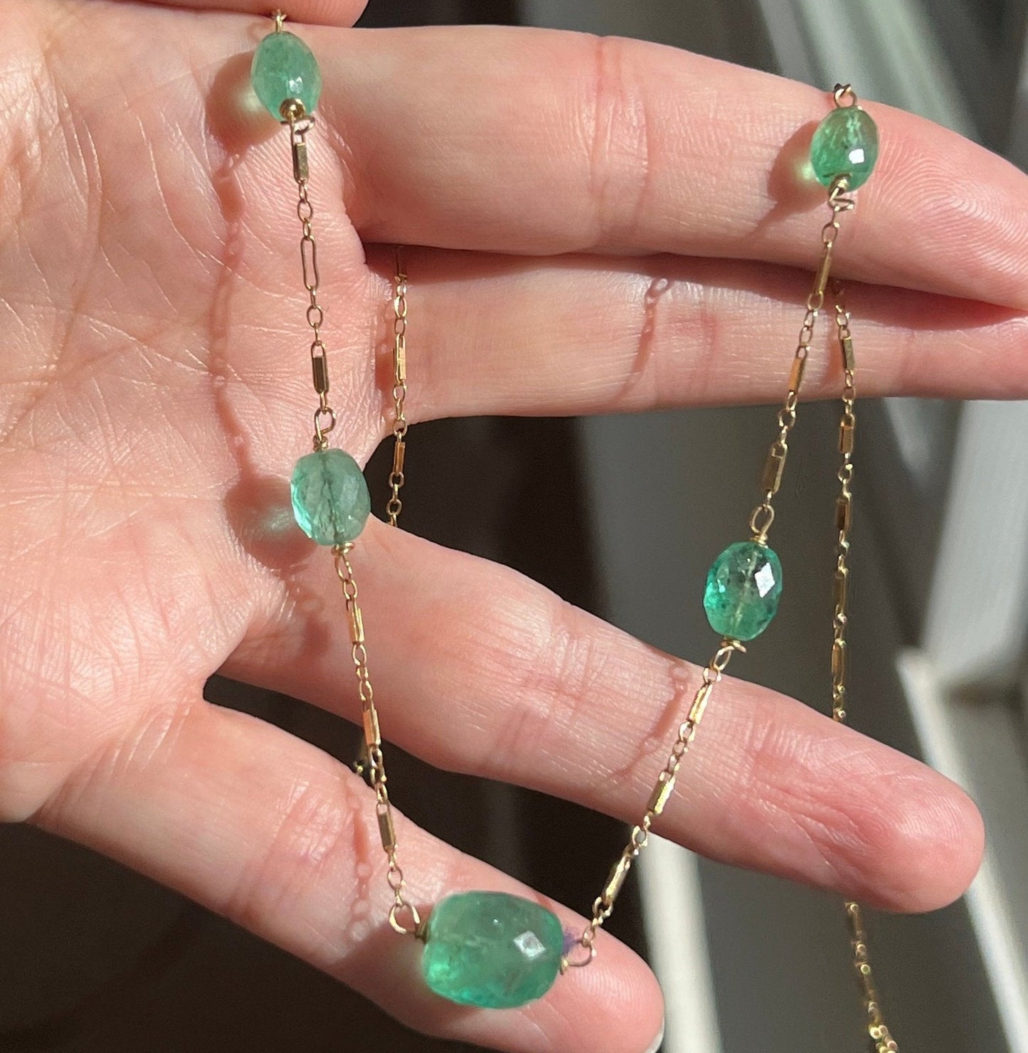 14k Gold 12 TCW Columbian Emerald Station Chain Necklace. Antique