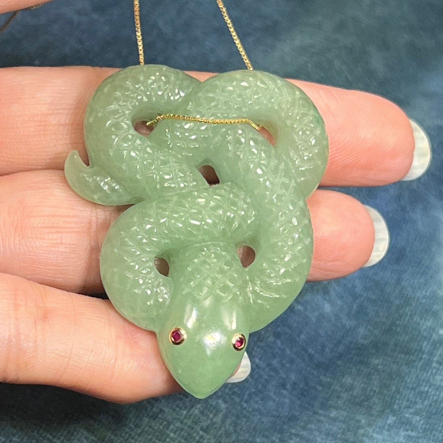14k Gold 2" 30g Carved Jade Snake Pendant w Ruby Eyes + 18" Box Chain