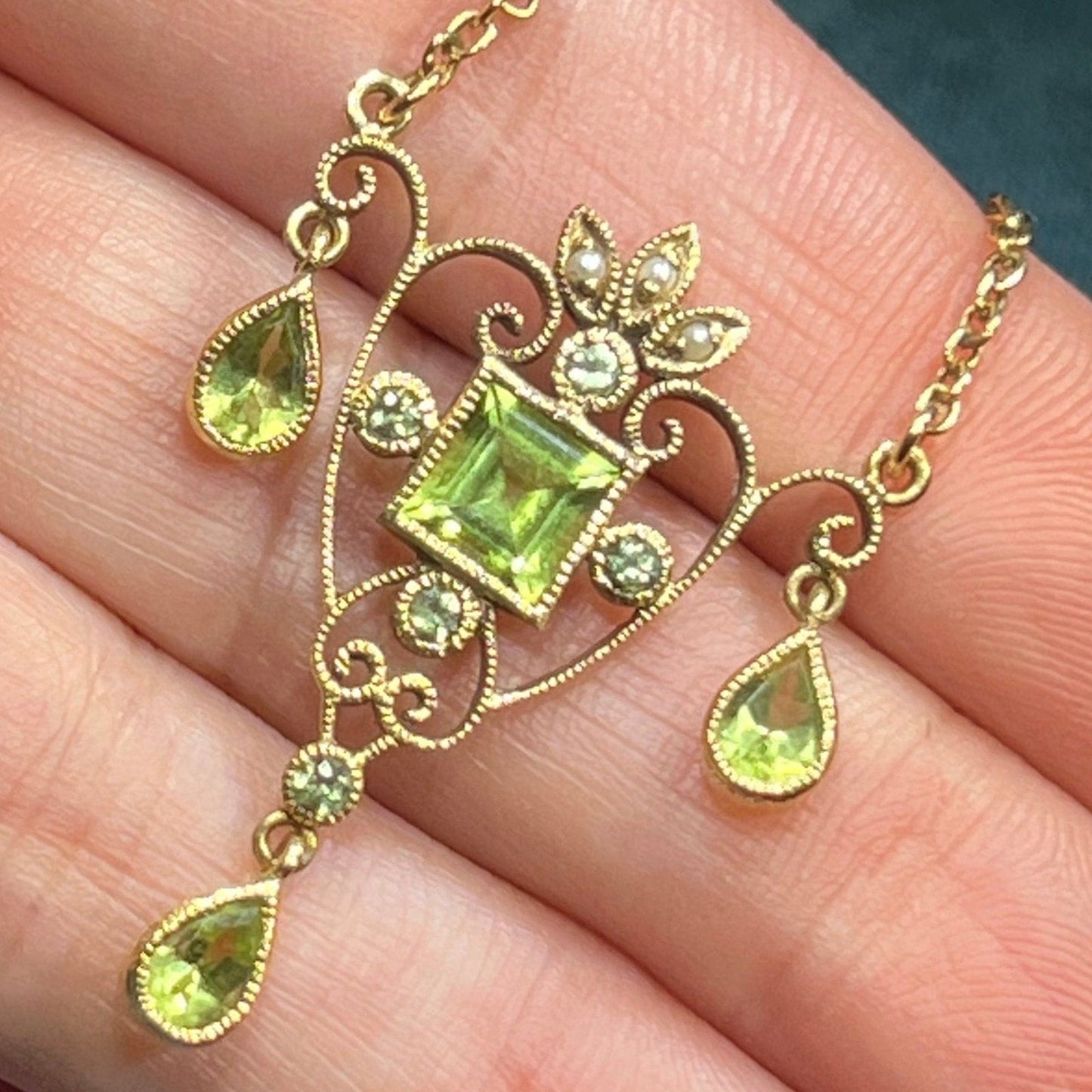 14k Gold 3.5 TCW Peridot + Diamond Teardrop Lavalier Necklace