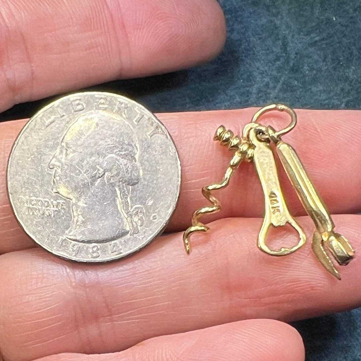 14k Gold 3 Tool Set Pendant. Corkscrew + Bottle + Can Opener. 1"
