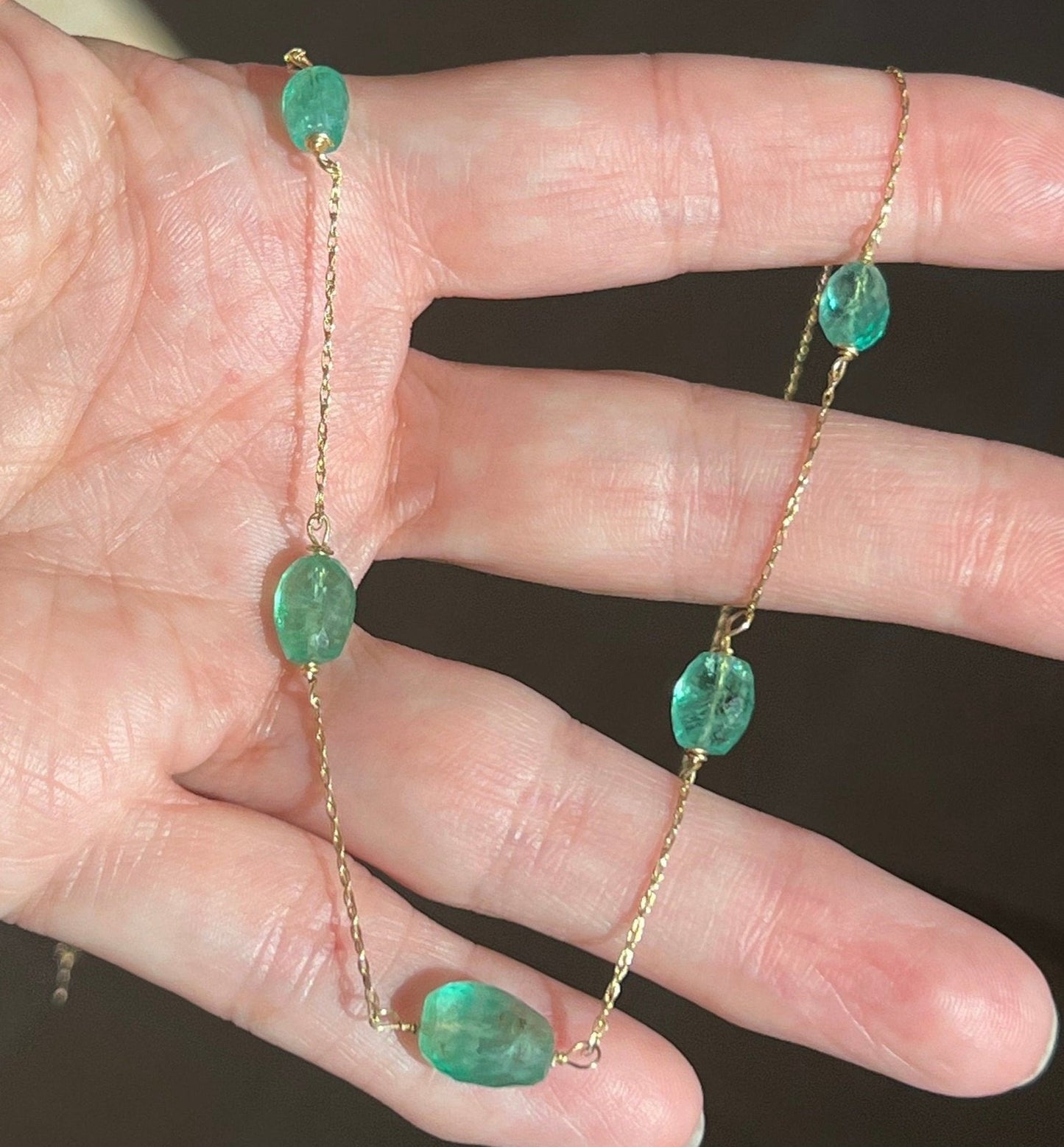 14k Gold 8 TCW Columbian Emerald Station Chain Necklace. Antique