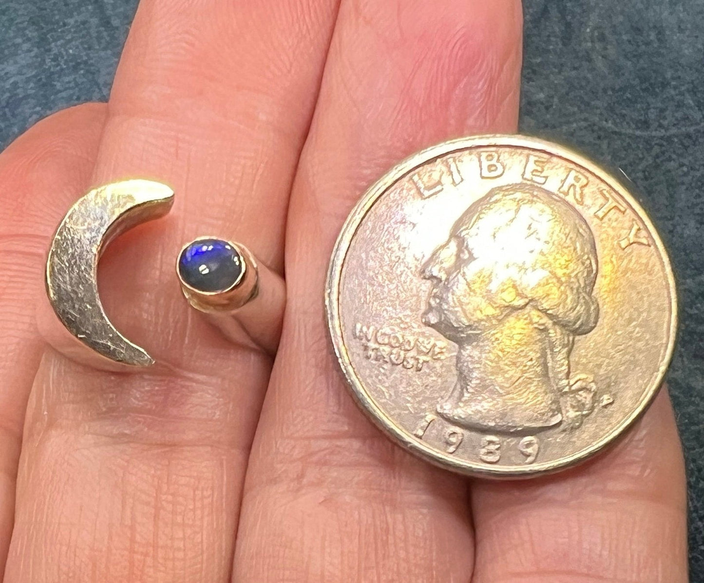 14k Gold & 925 Australian Black Opal Crescent Moon Modern Ring *Video*