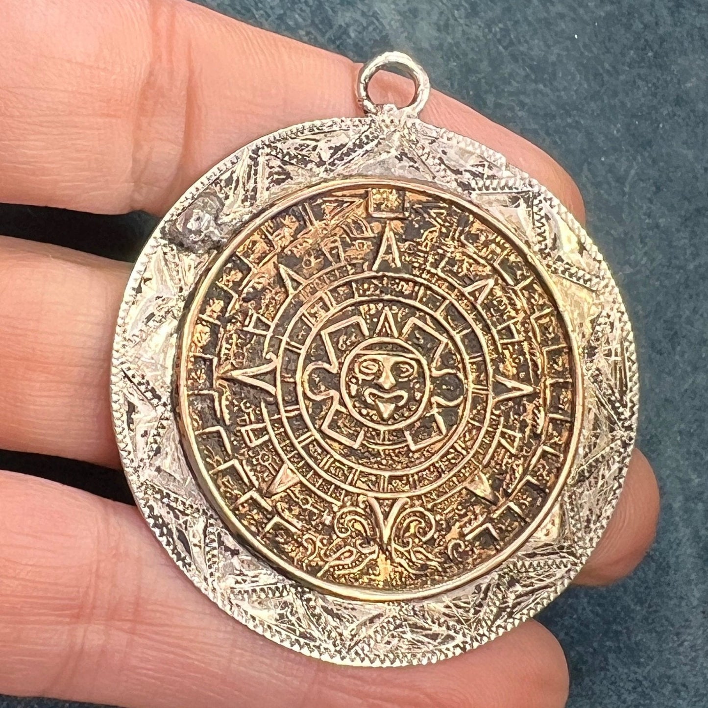 14k Gold + 925 Mayan Aztec Calendar Medallion Pendant. 2" + 18g