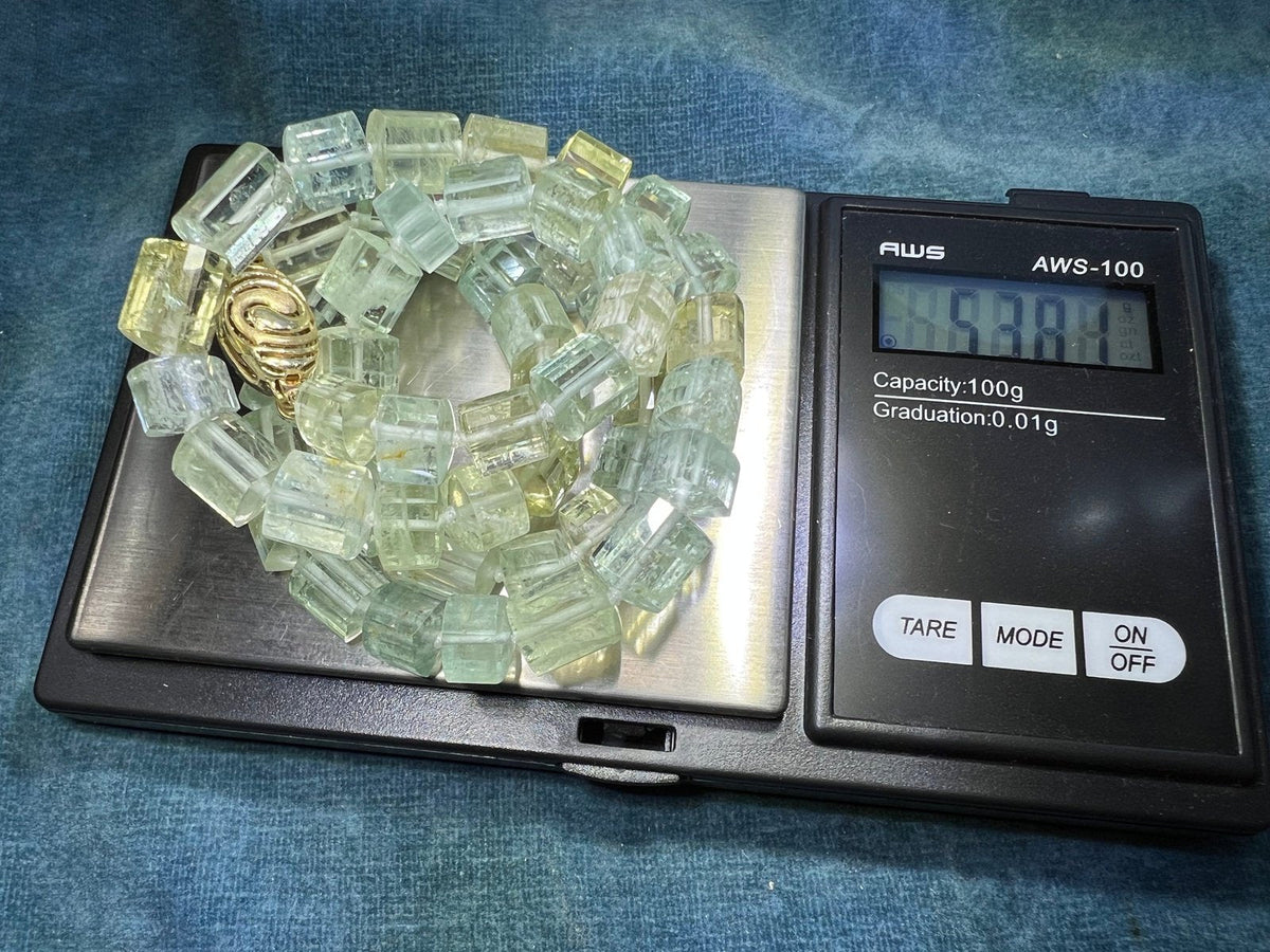 14k Gold Aquamarine Carved Barrel Bead Necklace. Stunning! *Video*