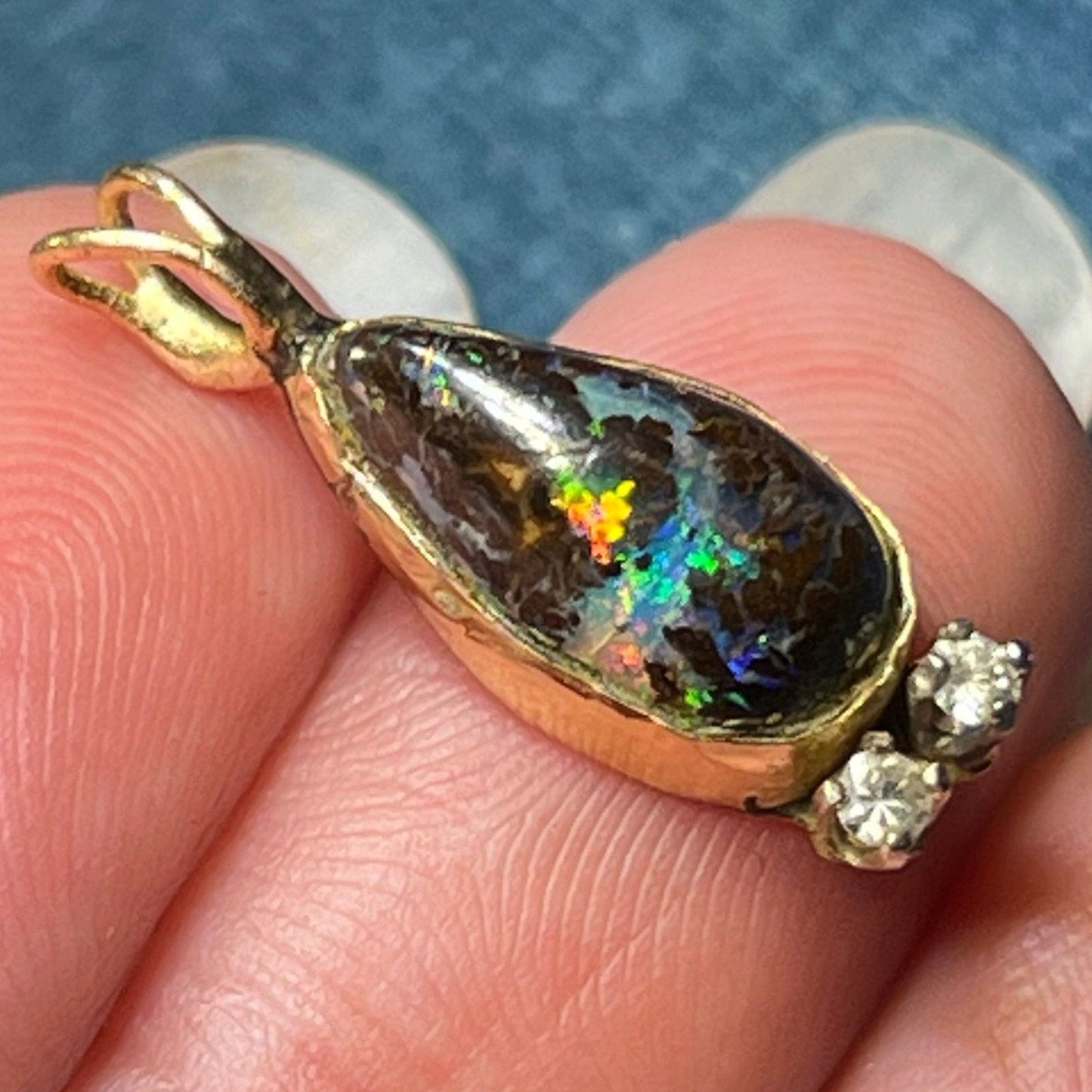 14k Gold Australian Boulder Opal Teardrop Pendant w Diamond *VIDEO*