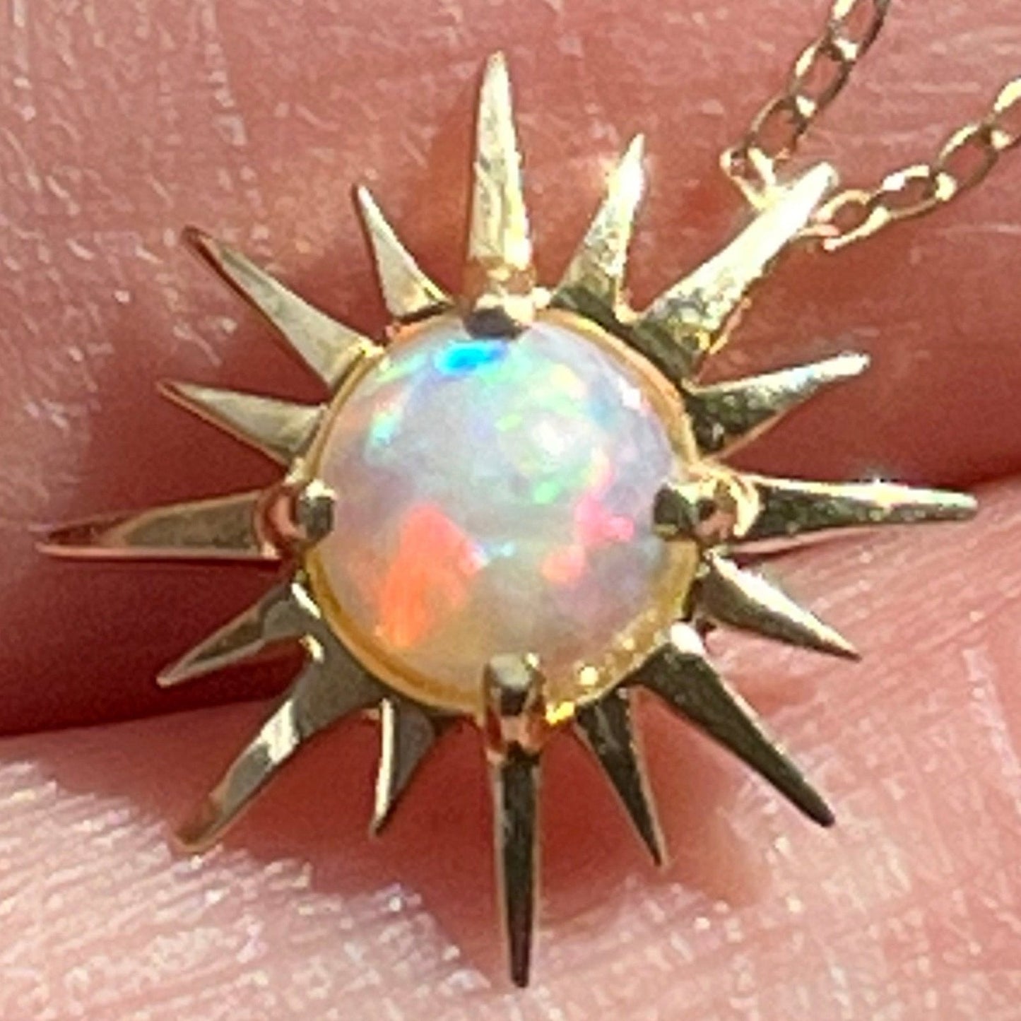 14k Gold Australian Opal Sunburst Pendant w Chain. Tiny! *Video*
