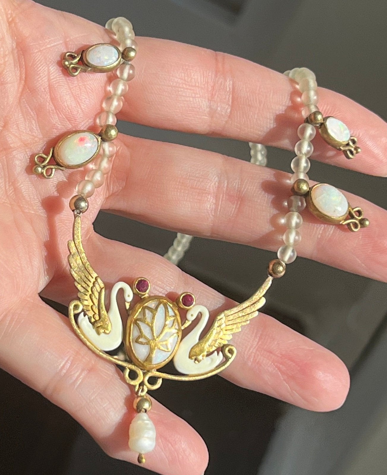 14k Gold Australian Opal Swan Lotus Pendant Necklace. 26g OOAK *Video*