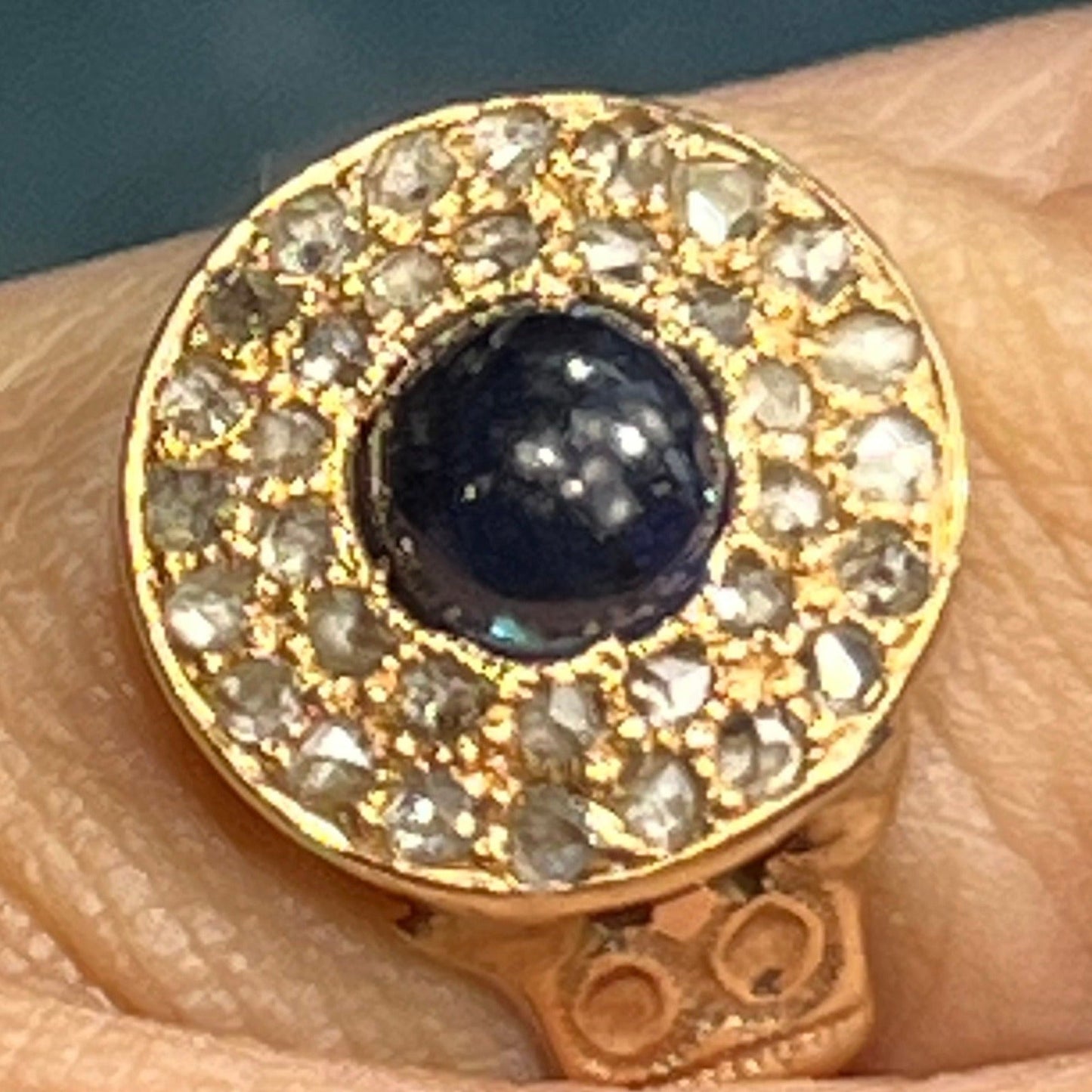 14k Gold Blue Sapphire Cabochon Ring w Rose-Cut Diamond Halo