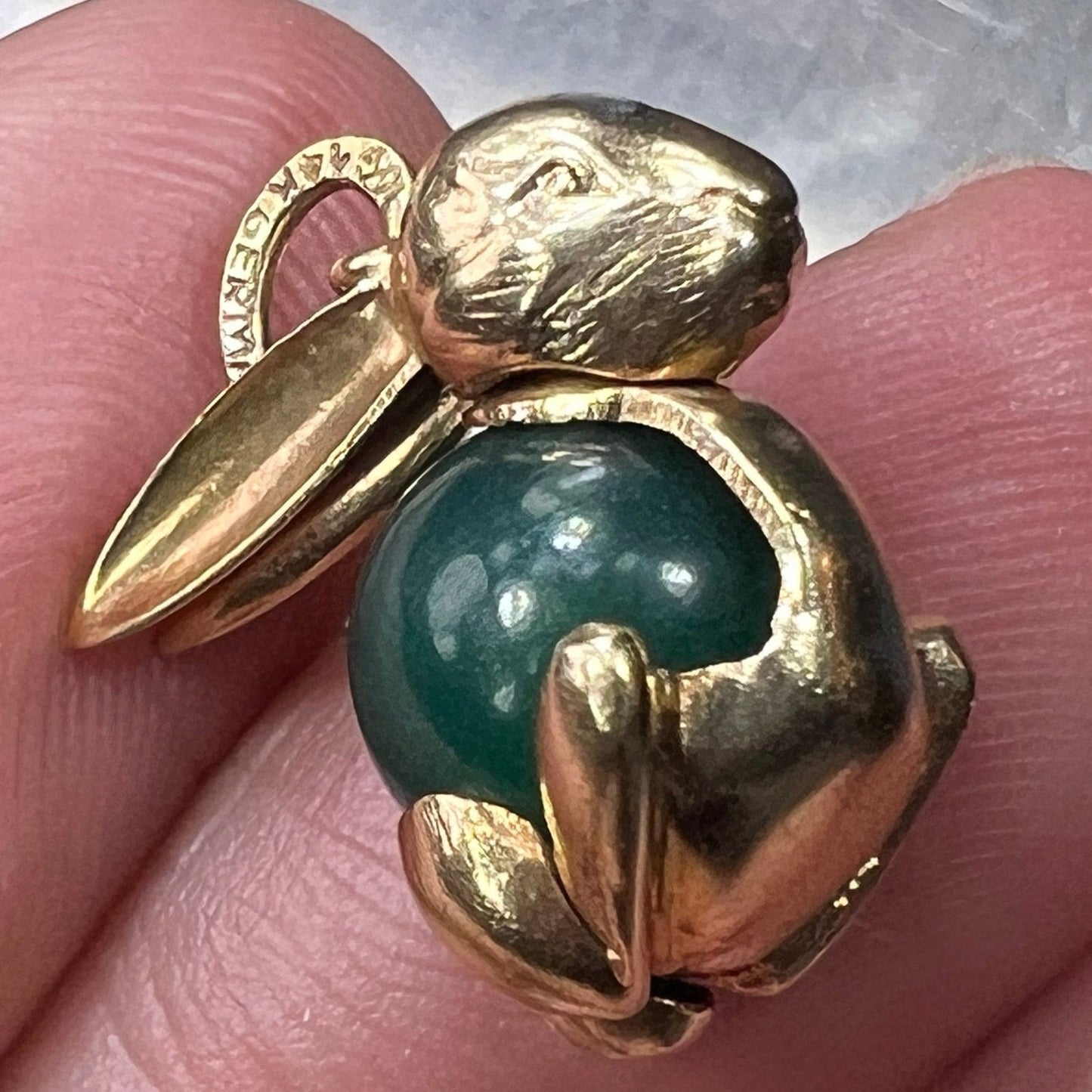 14k Gold Bunny Rabbit Pendant w Jade Jelly Belly. German *Video*