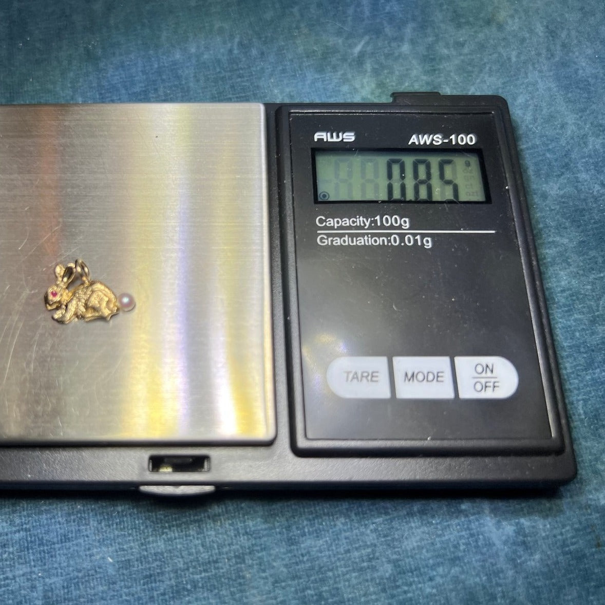 14k Gold Bunny Rabbit Pendant w Pearl Cottontail + Ruby Eye