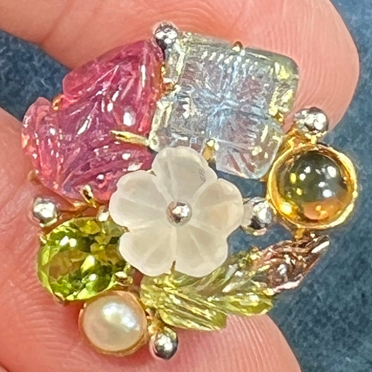 14k Gold Carved Flower + Frog Multi-Gem Pendant. Tourmaline Peridot. 1" - L