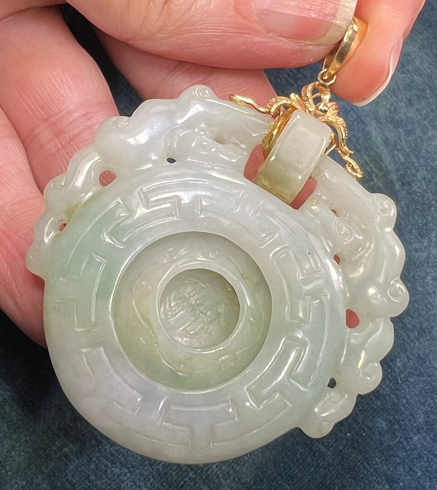 14k Gold Carved Jade Triple Prayer Wheel Moving Pendant *Video*