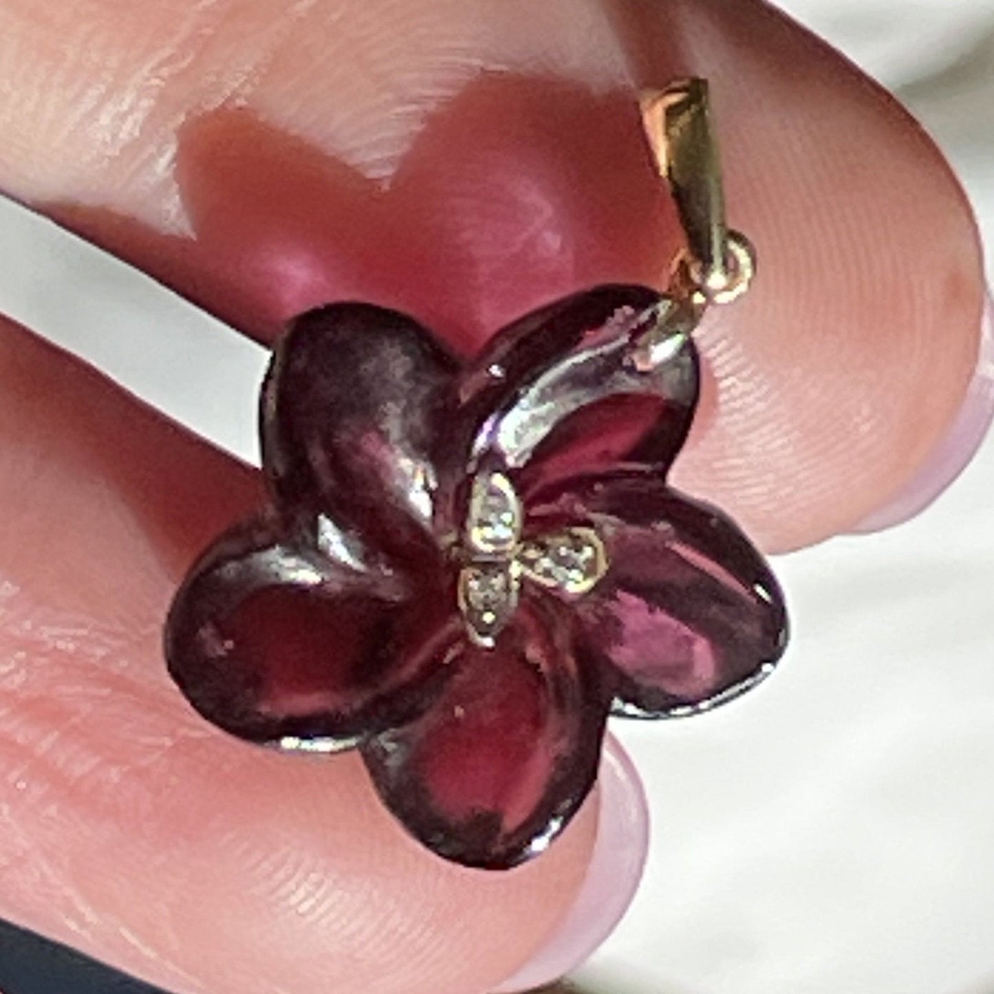 14k Gold Carved Red Tourmaline Flower Pendant w Diamonds