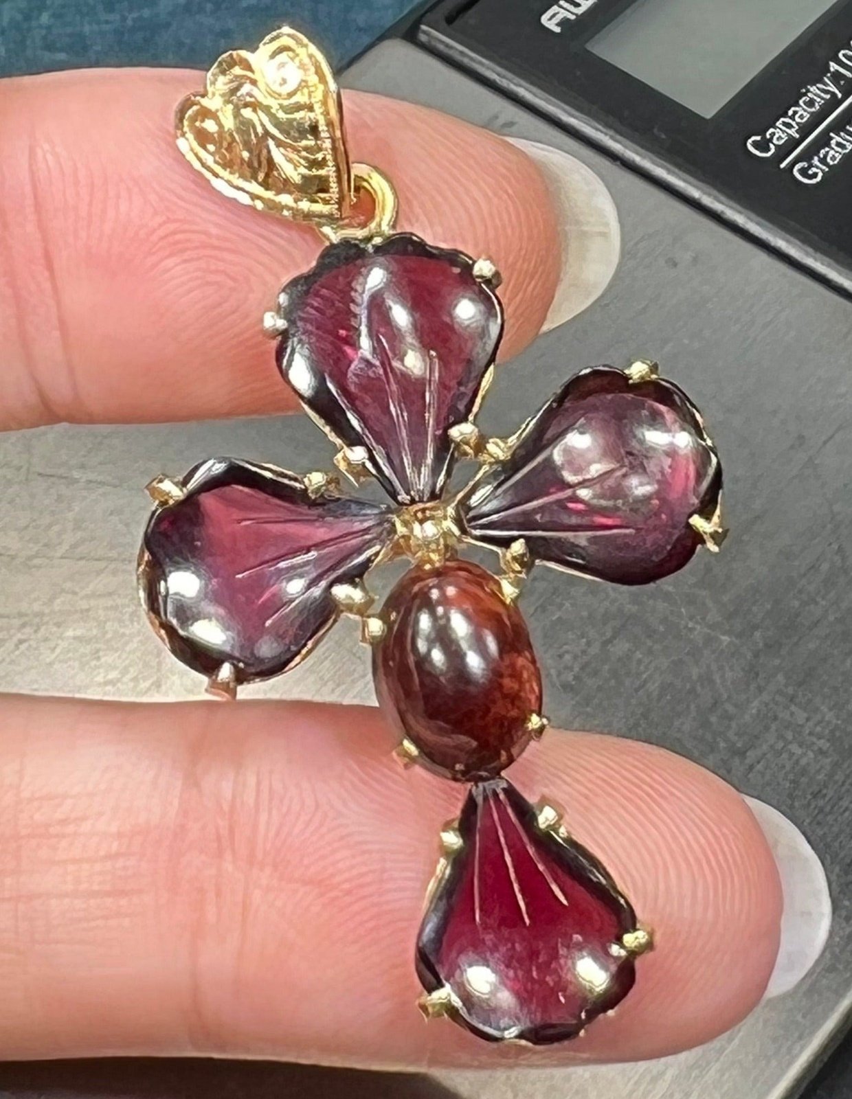 14k Gold Carved Rhodolite Garnet Cabochon Cross Pendant. 2"