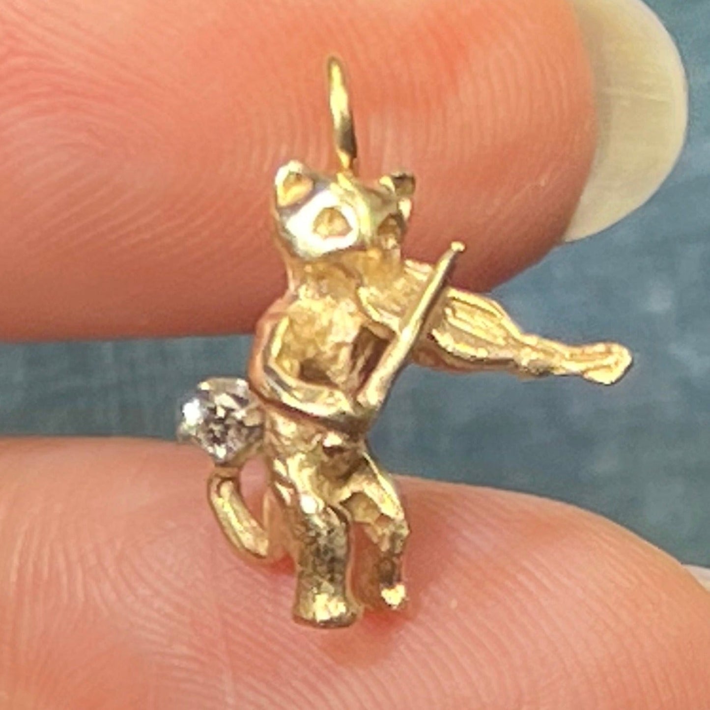 14k Gold Cat and the Fiddle w Diamond Pendant. Nursery Rhyme. TINY!