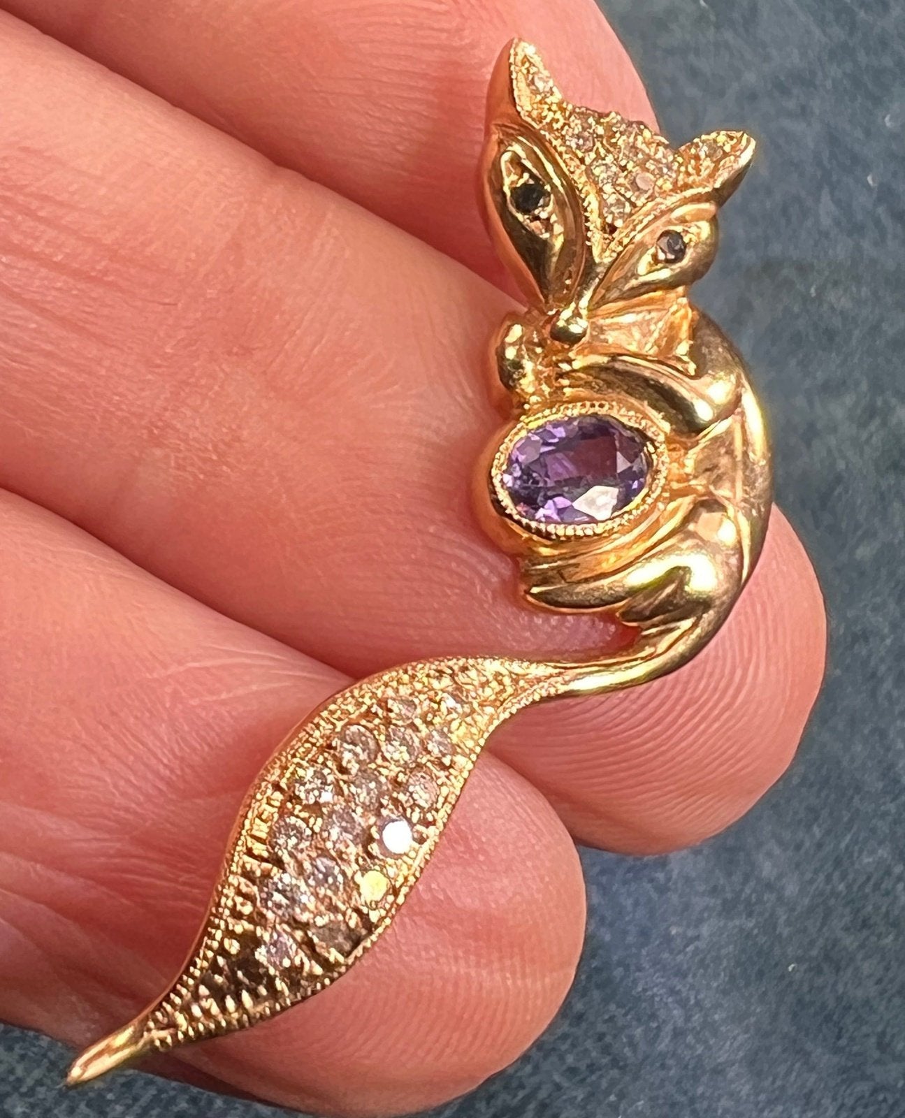 14k Gold Feisty Fox Pendant w Purple Sapphire + Diamonds *Video*