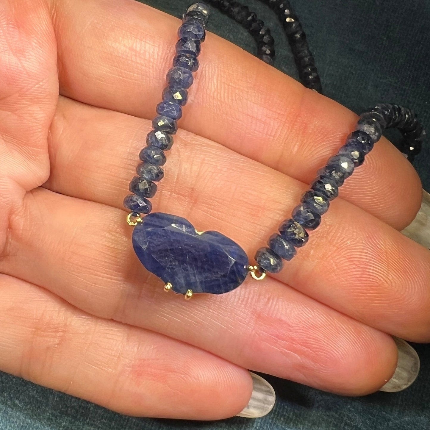 14k Gold Hand-Cut Blue Sapphire Necklace w 10k Heart Pendant
