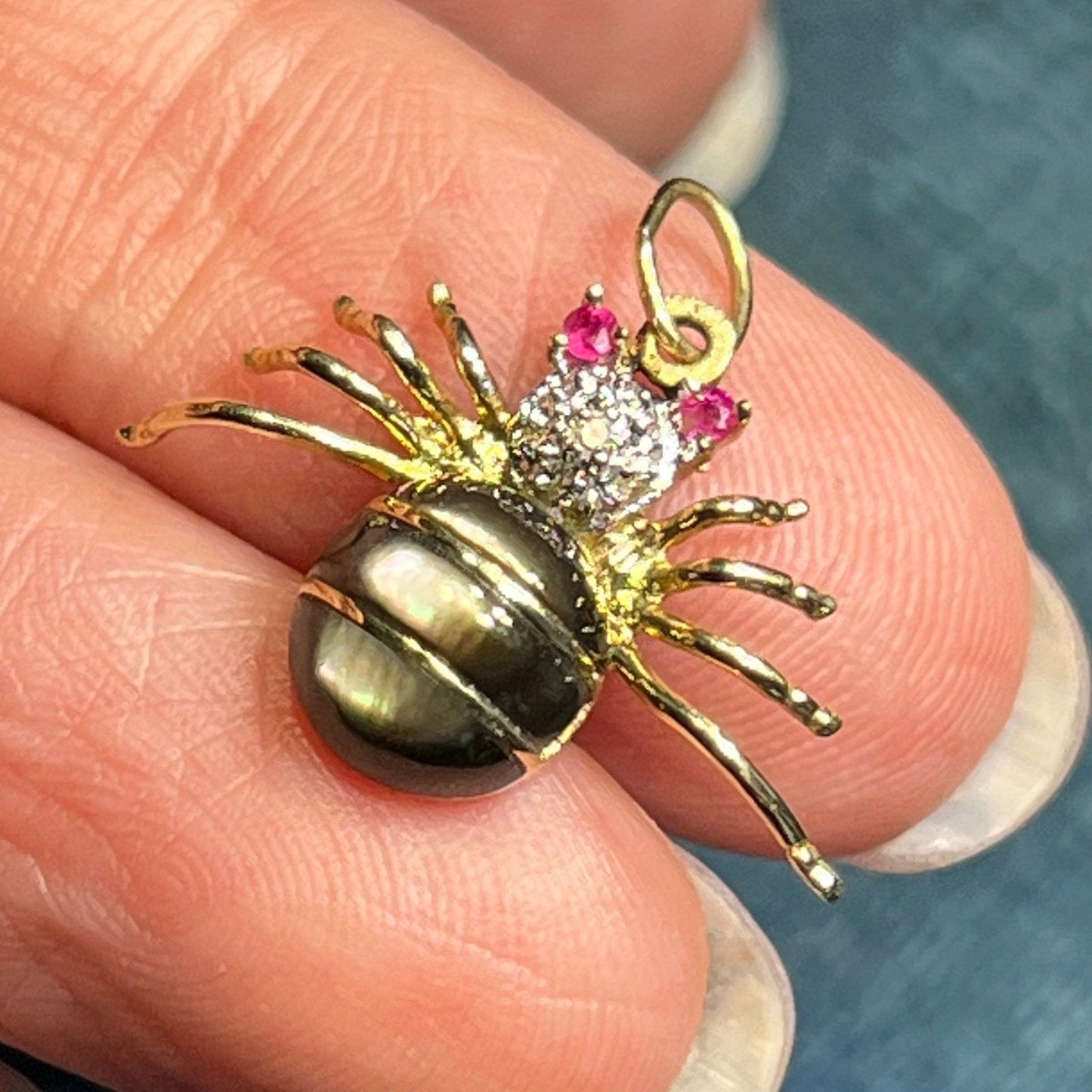 14k Gold MOP Ruby + Diamond BLACK WIDOW Spider Pendant - Articulated Bail