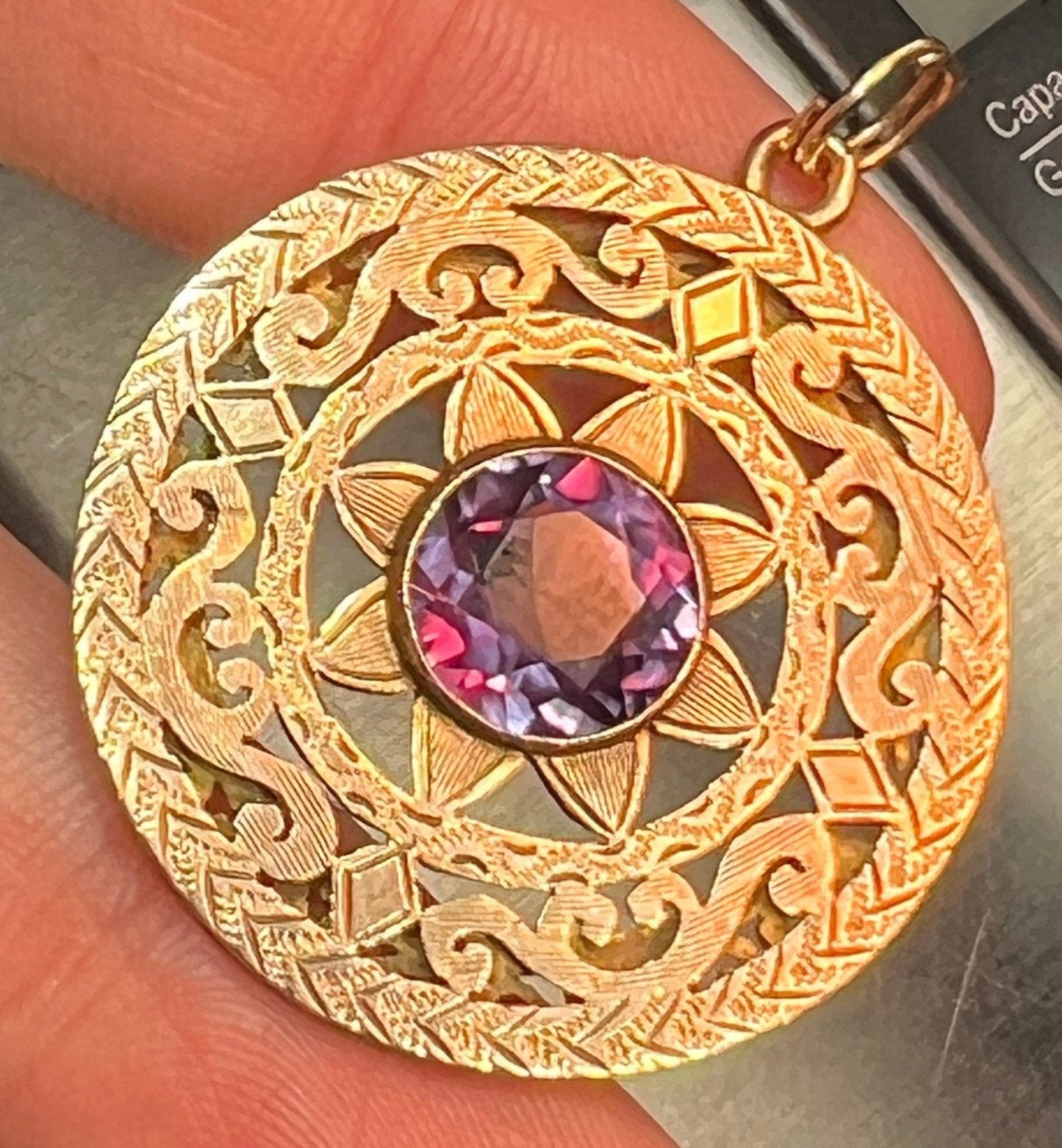 14k Gold Medallion Pendant. 4 Ct Color Change Sapphire. 1.6" *Video*