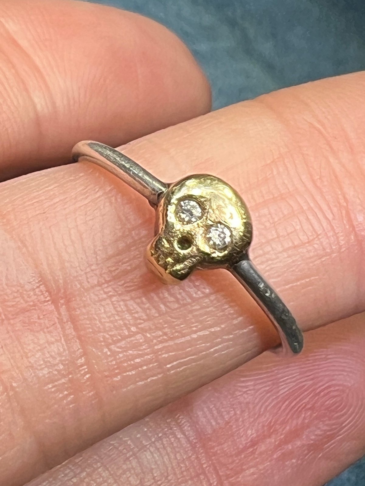 14k Gold Memento Mori Skull Ring w Diamond Eyes on Silver Band