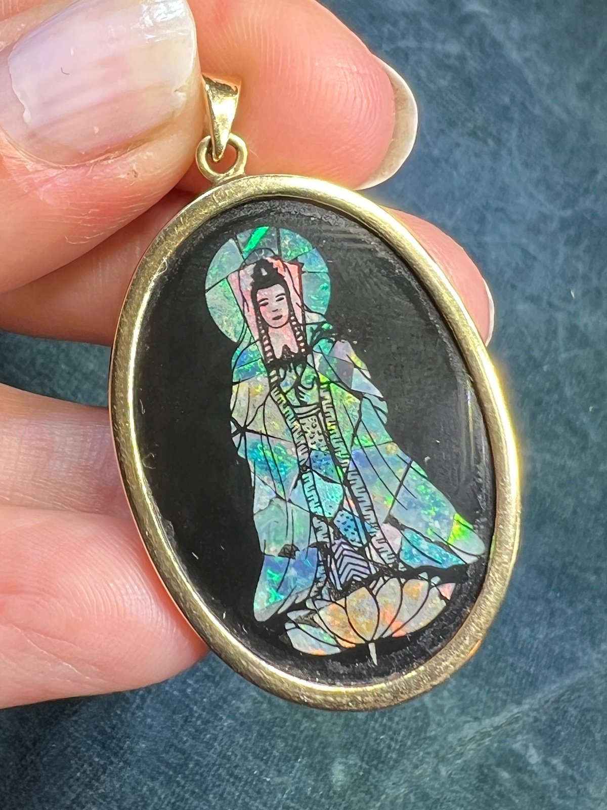 14k Gold Opal + Onyx Guan Yin Lotus Pendant. Goddess of Compassion