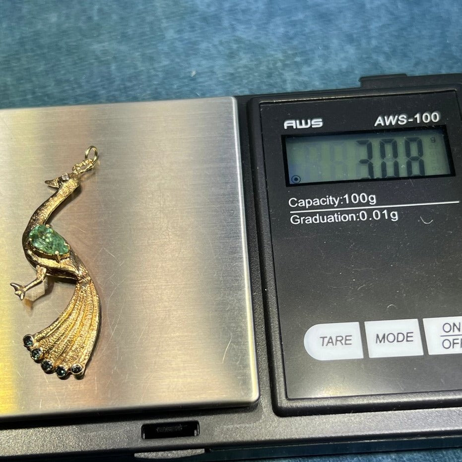 14k Gold Peacock Pendant. Diamond, Green Tourmaline + Blue Sapphires